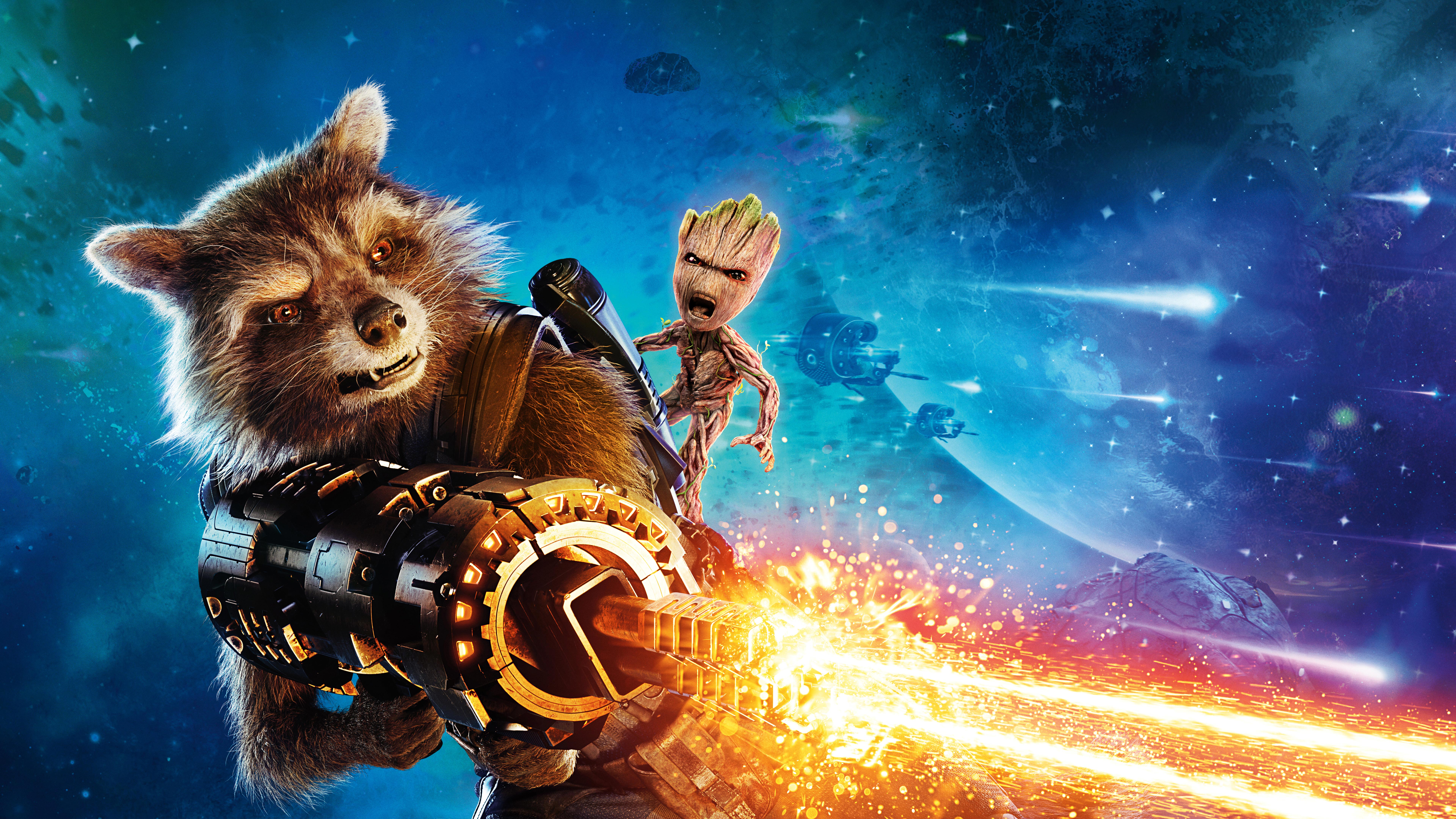 Baby Groot and Rocket Raccoon Guardians of the Galaxy Vol 2 4k 8k