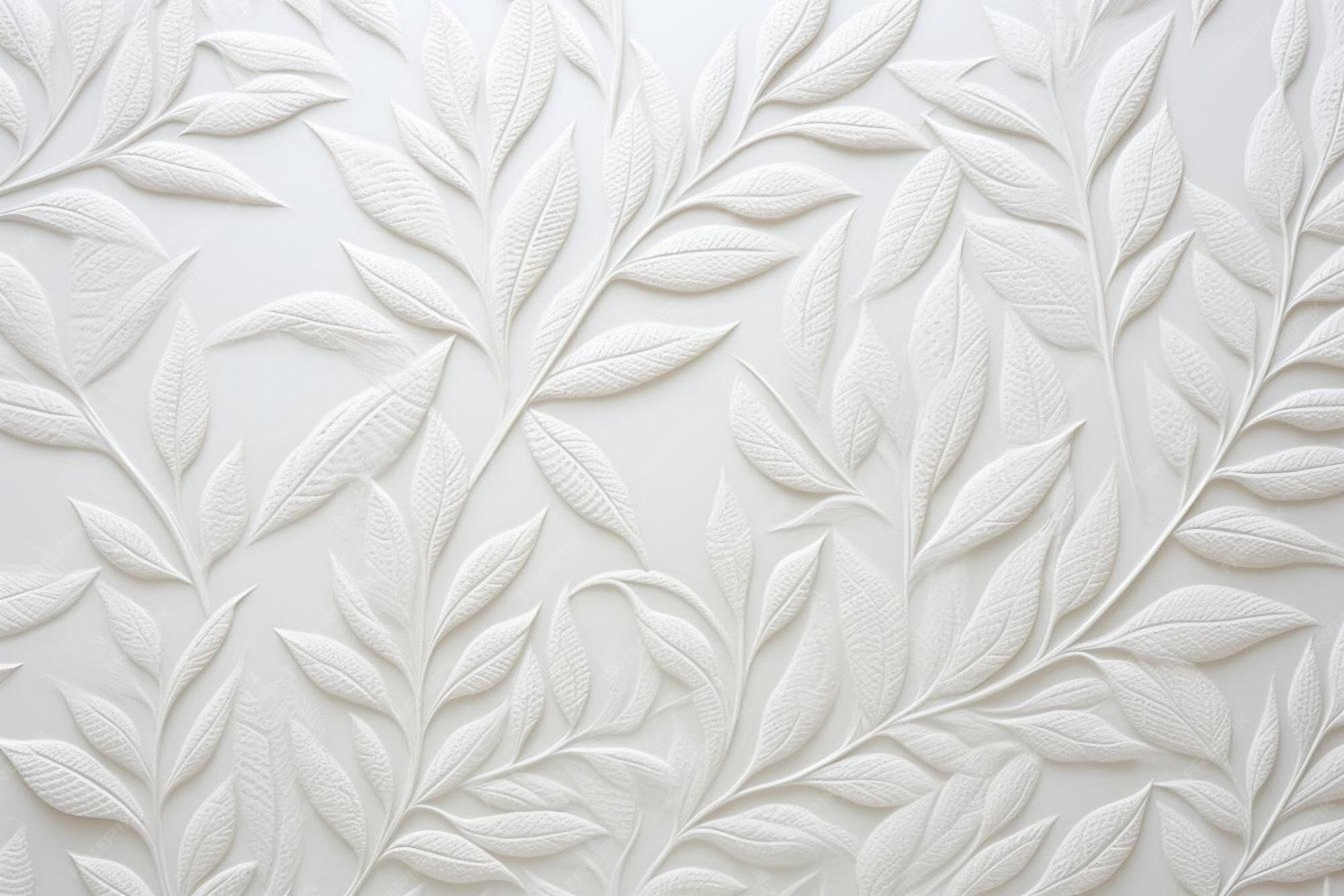 A White Wallpaper With Pattern Of Leaves On It