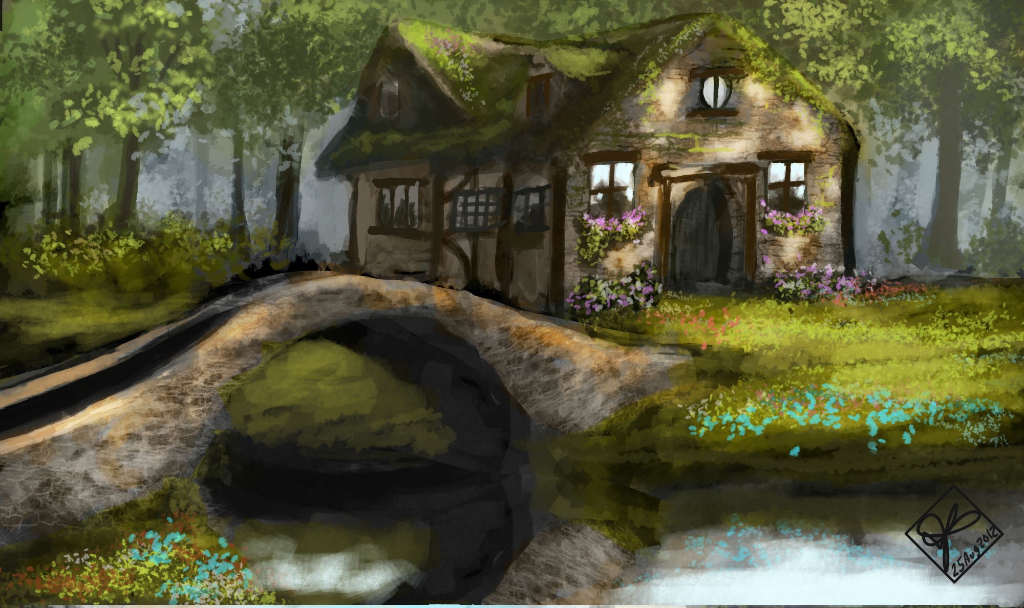 Cottage With Bridge Beautiful Sceenry HD Desktop Background