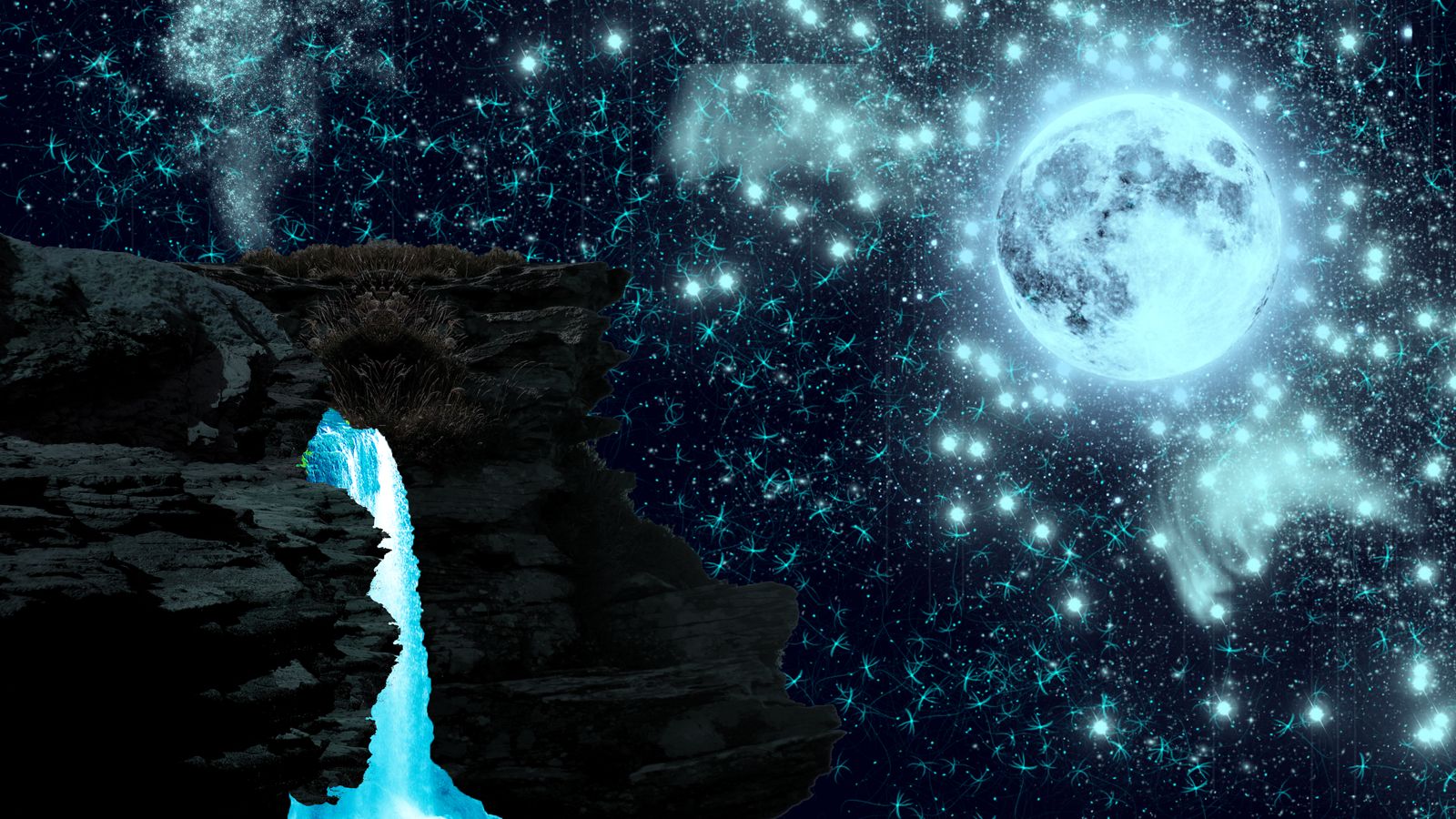 Moonlit Waterfall Background By Kazenoshun