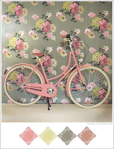 Based On Carnation Pink Bicycle Vintage Wallpaper Avocado Honeydew