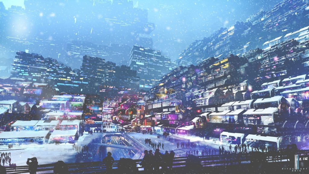 Artwork Digital Art City Futuristic Cyberpunk Snow Lights