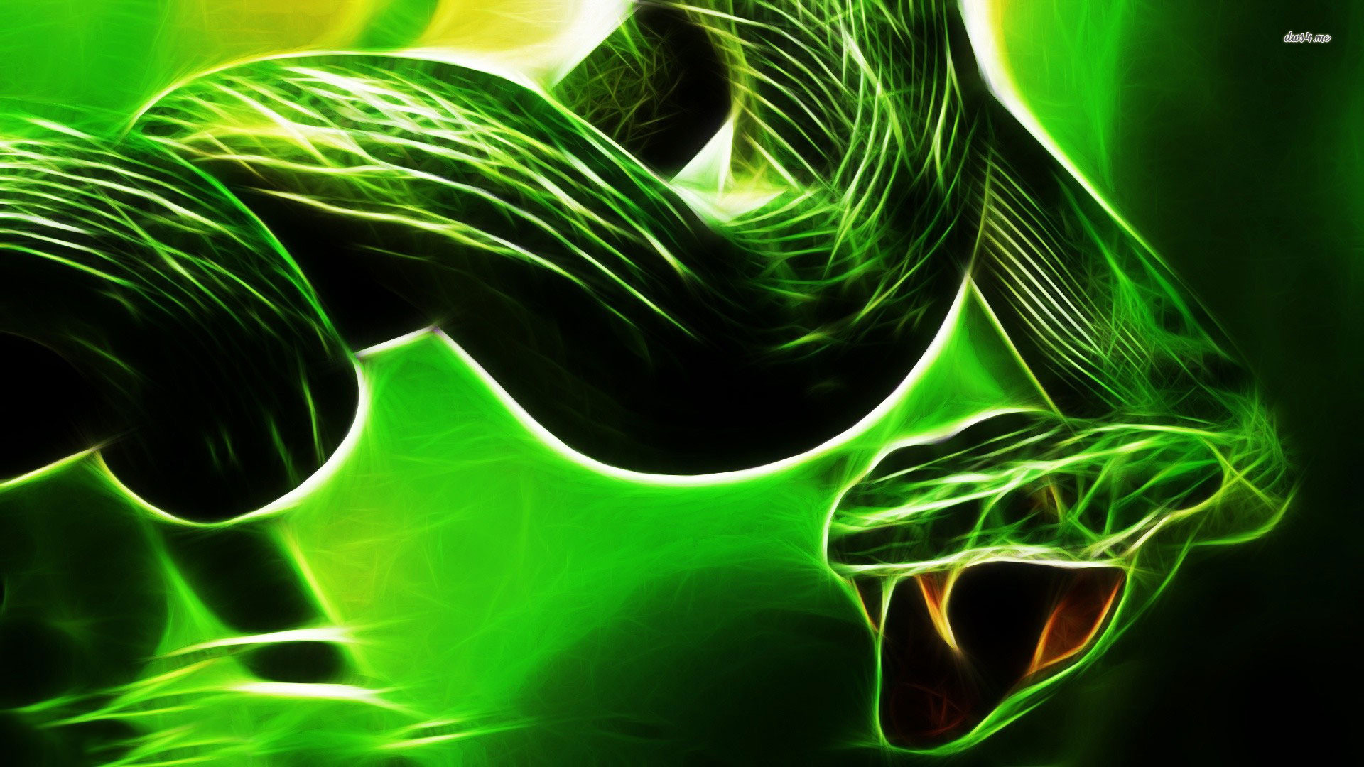 Vivid neon green snake, glowing against a dark background, creating an electrifying and mesmerizing visual