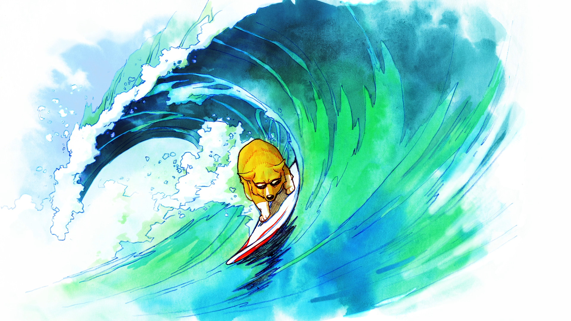 Dog Surf Surfing Wave Drawing Wallpaper