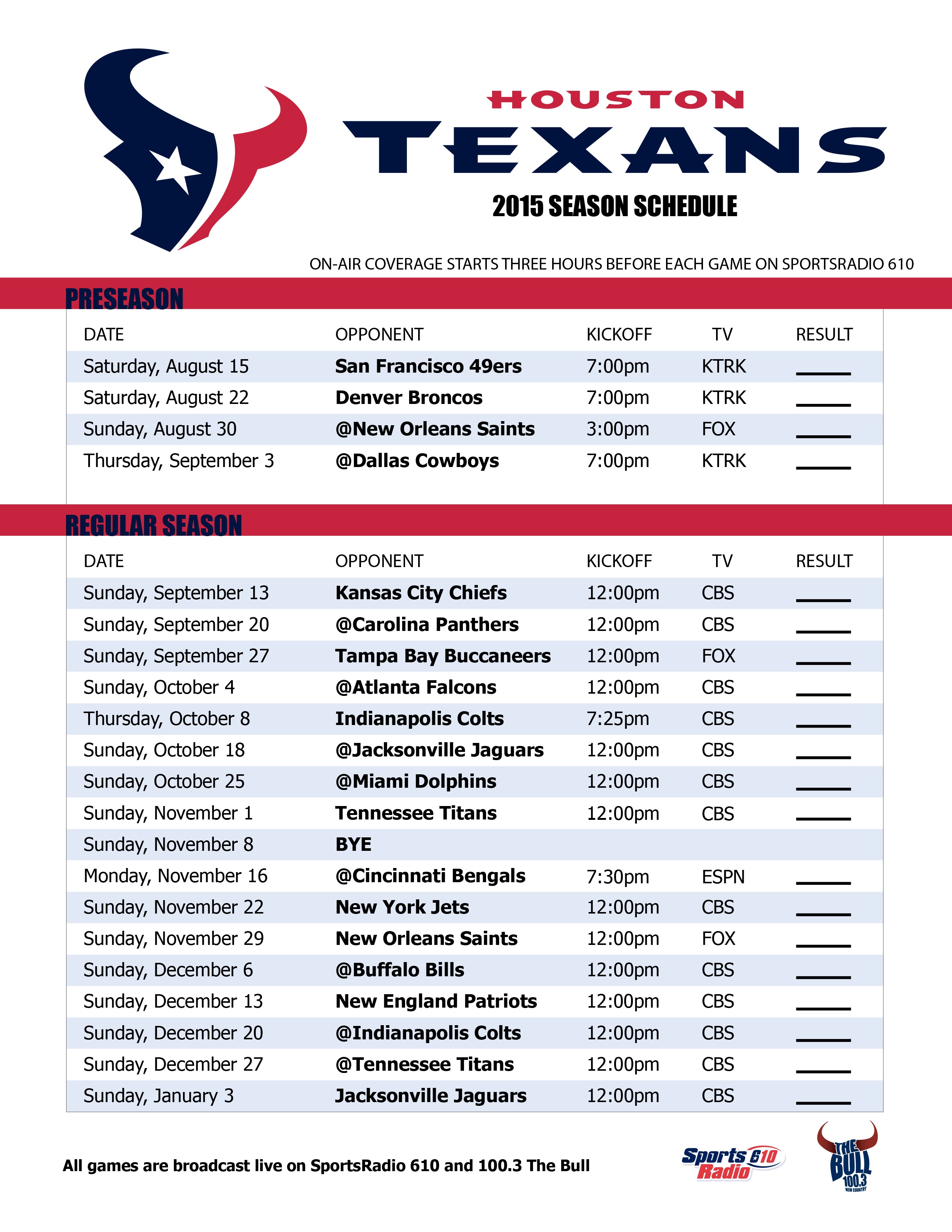 Printable Texans Schedule