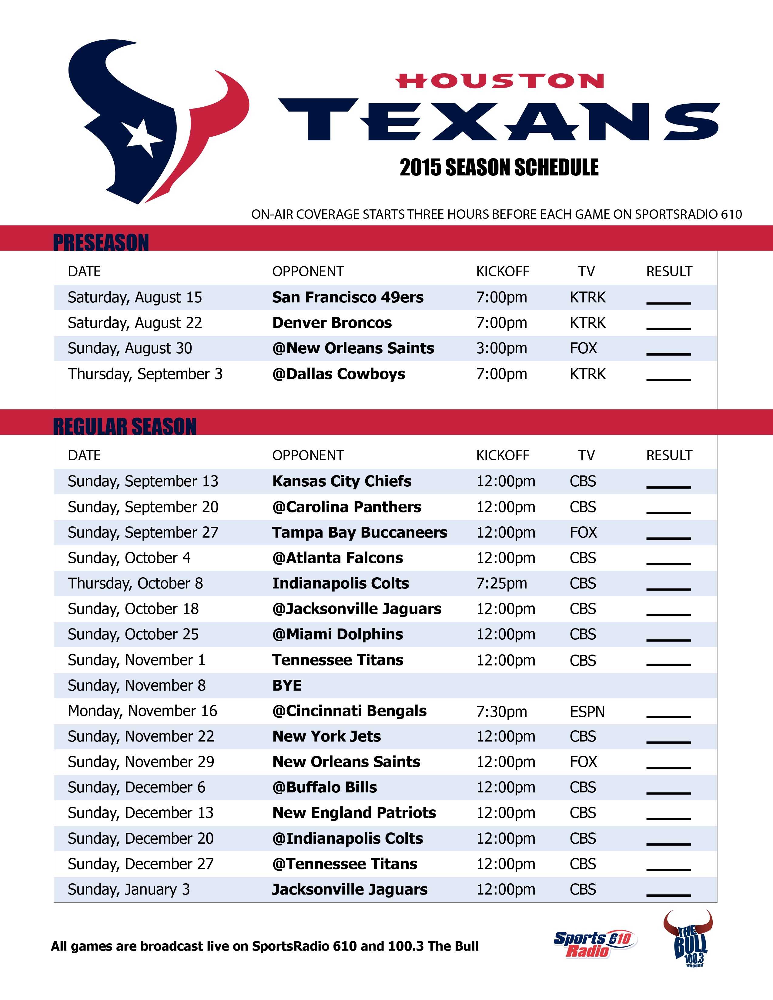 Printable Texans Schedule Customize And Print