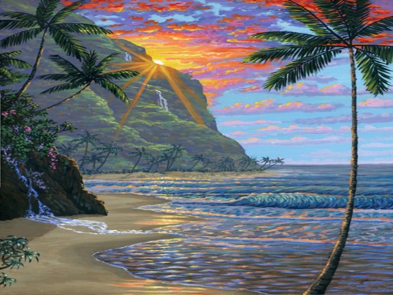 Hawaiian Beach Sunset Waterfall Wallpaper