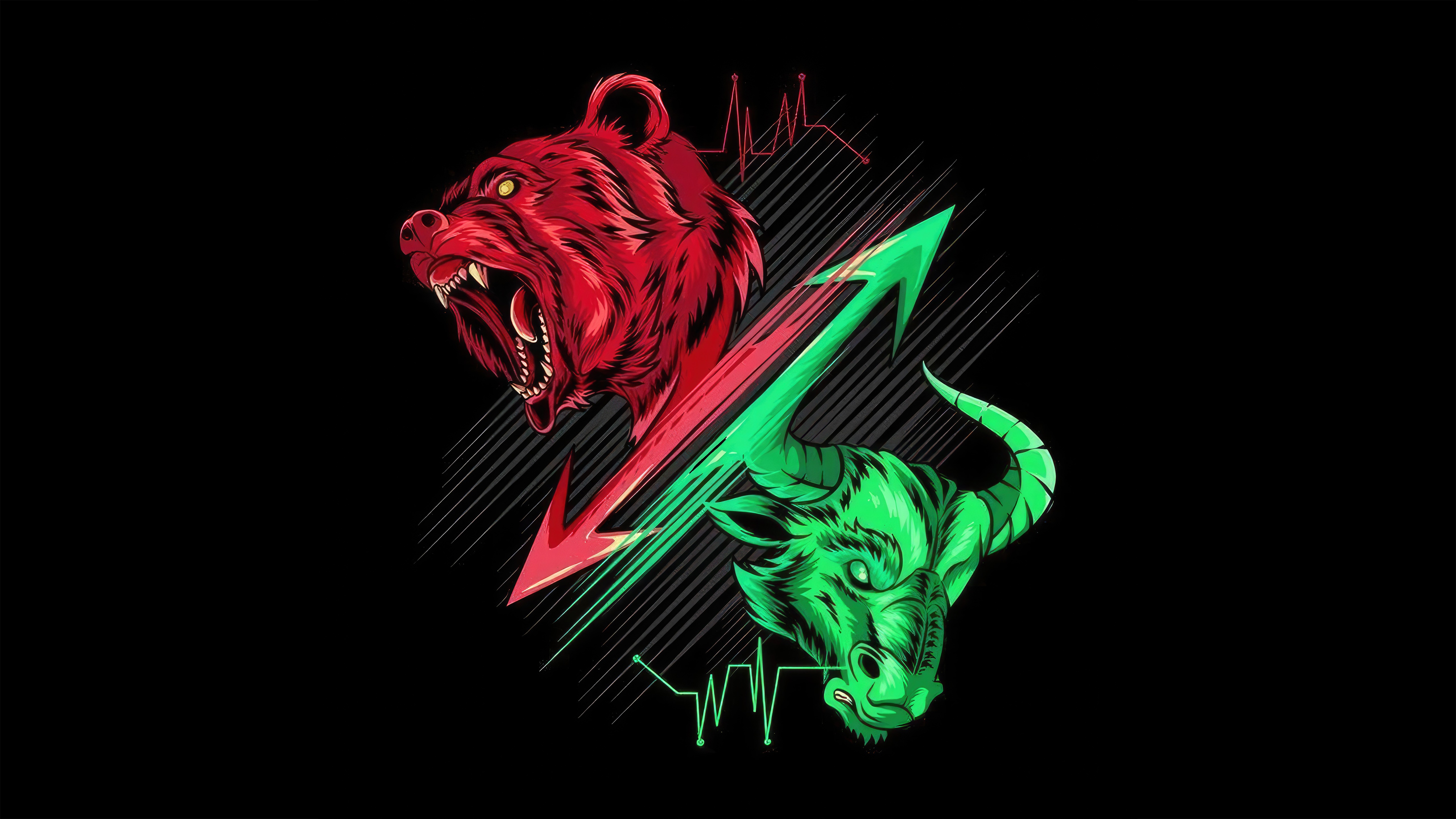 A stylized illustration of a bull and bear facing each other, representing the opposing forces of the cryptocurrency market. The bull is green, symbolizing market uptrend, and the bear is red, symbolizing market downturn.  A heartbeat line pulses between them, signifying market volatility. The background is black, providing a stark contrast to the vibrant animals