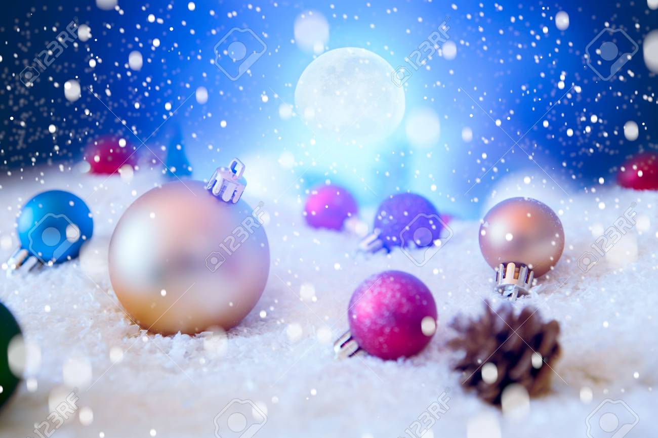 Beautiful Christmas Balls On The Snow In Night