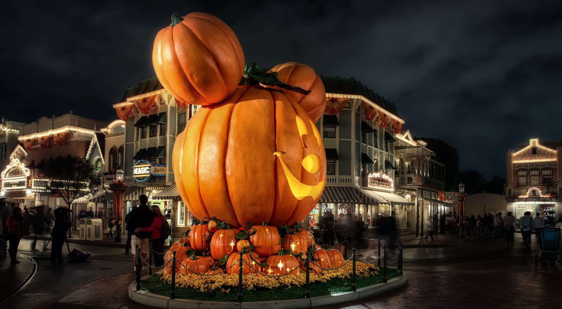 Giant Mickey Mouse pumpkin at Disneyland's Halloween Time celebration