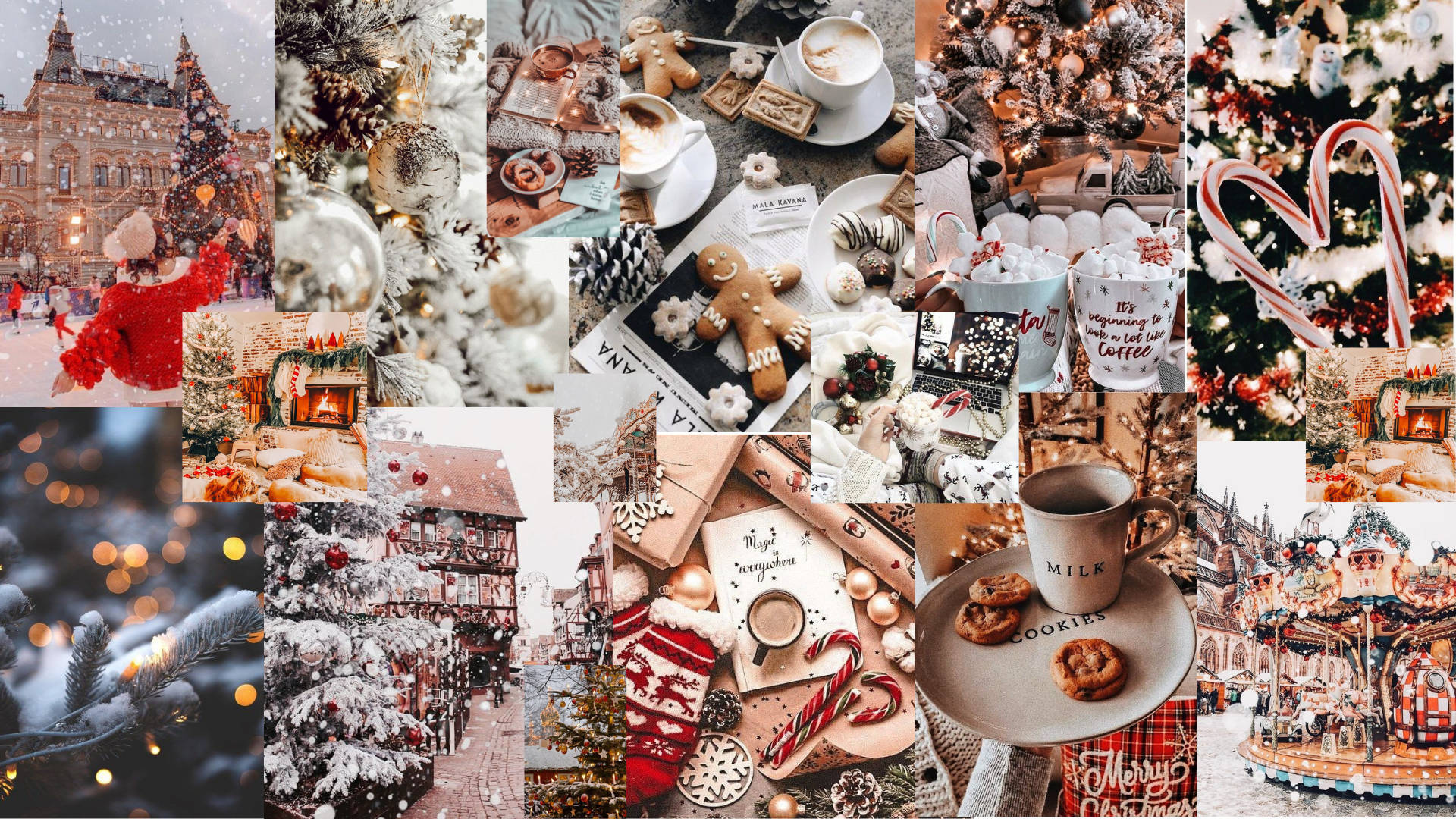 A collage of cozy Christmas images including gingerbread cookies, hot cocoa, Christmas trees, and snowy scenes