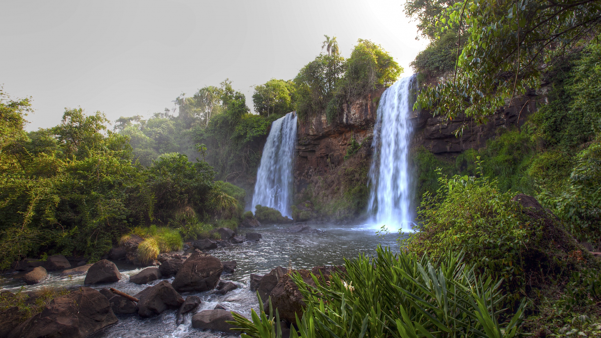 Waterfalls River Rocks Trees Landscape Full HD 1080p Background