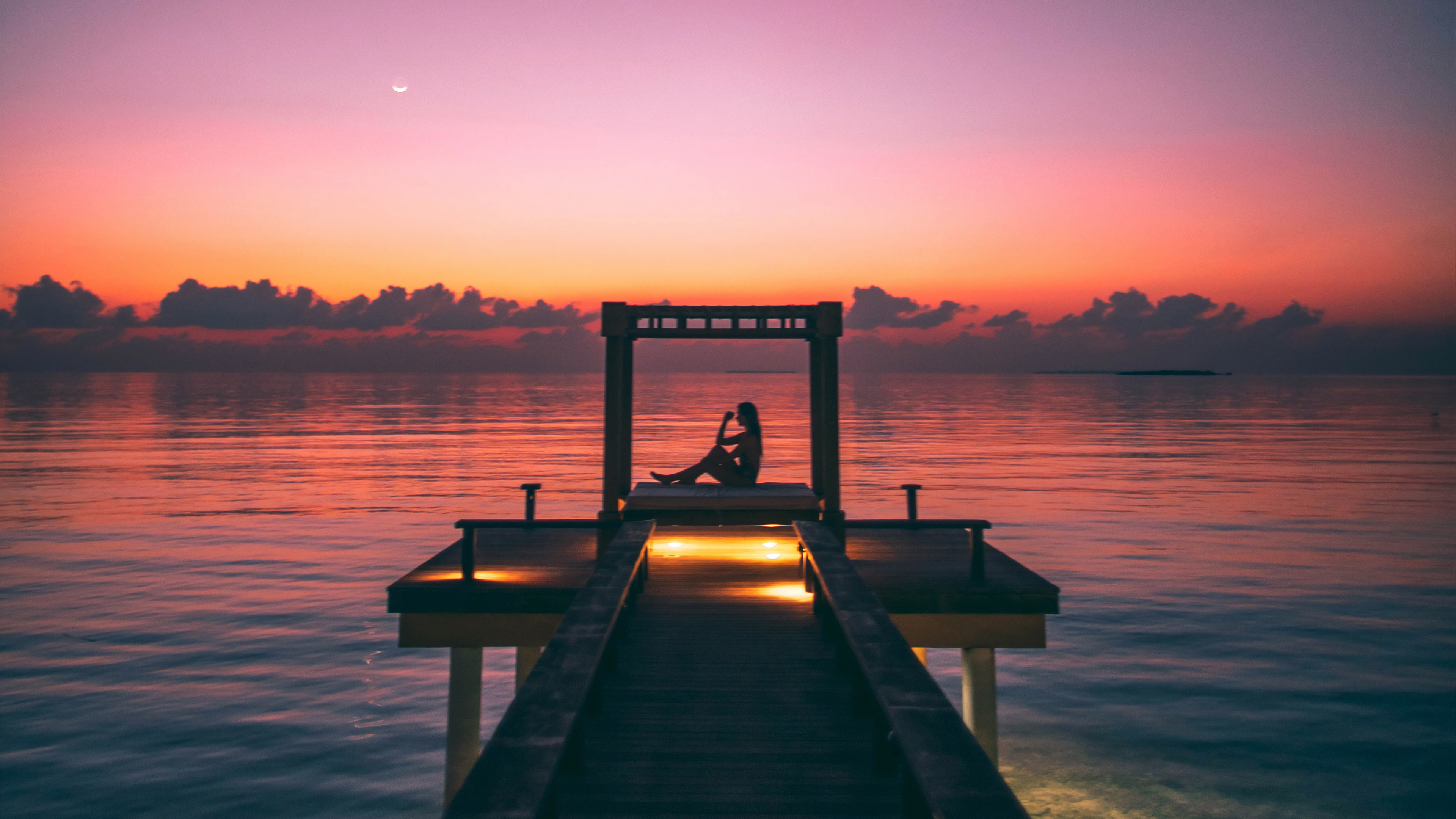 Girl Silhouette Pier 4k Wallpaper HD Photography Image
