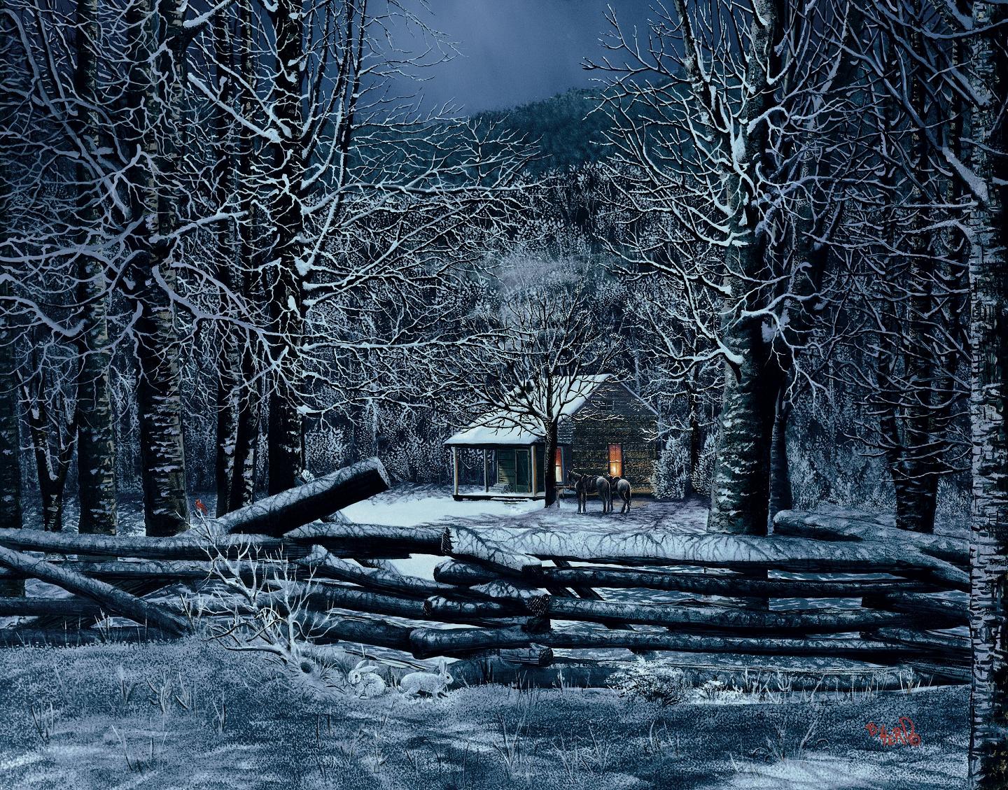 Snow Cabin Christmas Tree Lights Pines Winter 1366x768 288490 Deer
