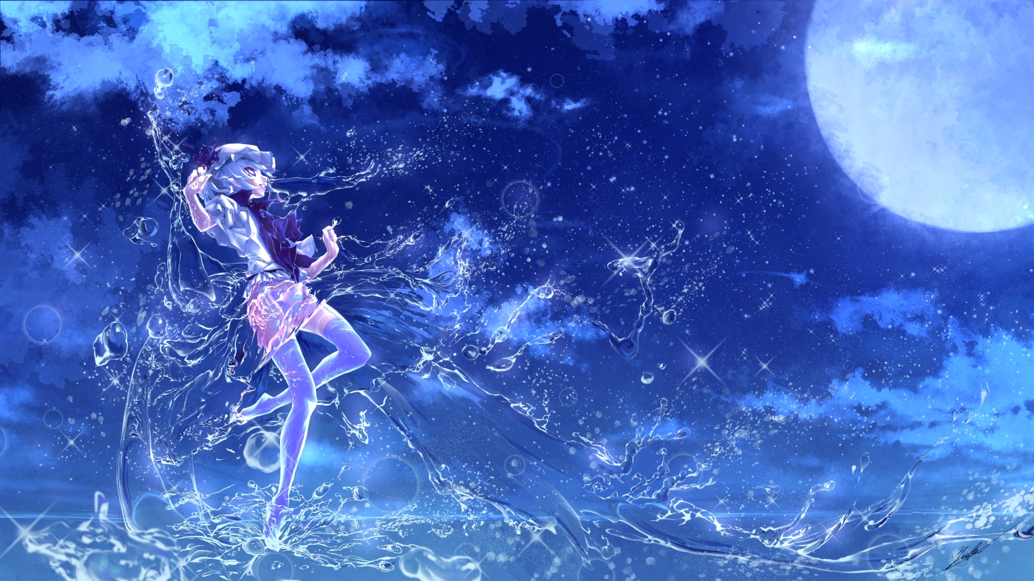 Touhou Anime Art Water Girl Full Moon Glitter Background