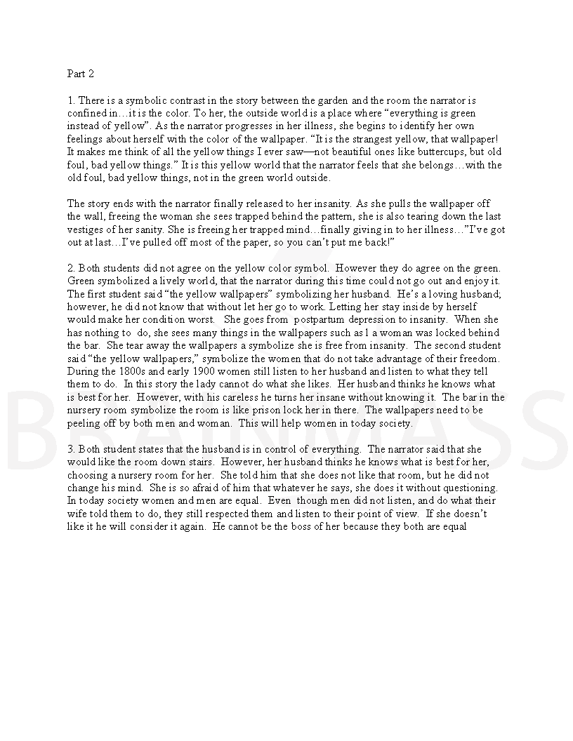 The Yellow Wallpaper Analysis Essay Exam Paper Answers