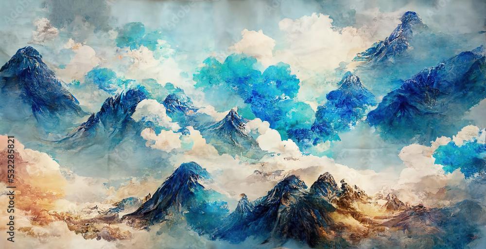 Minimalistic Mountain Landscape With Watercolor Brush In Japanese