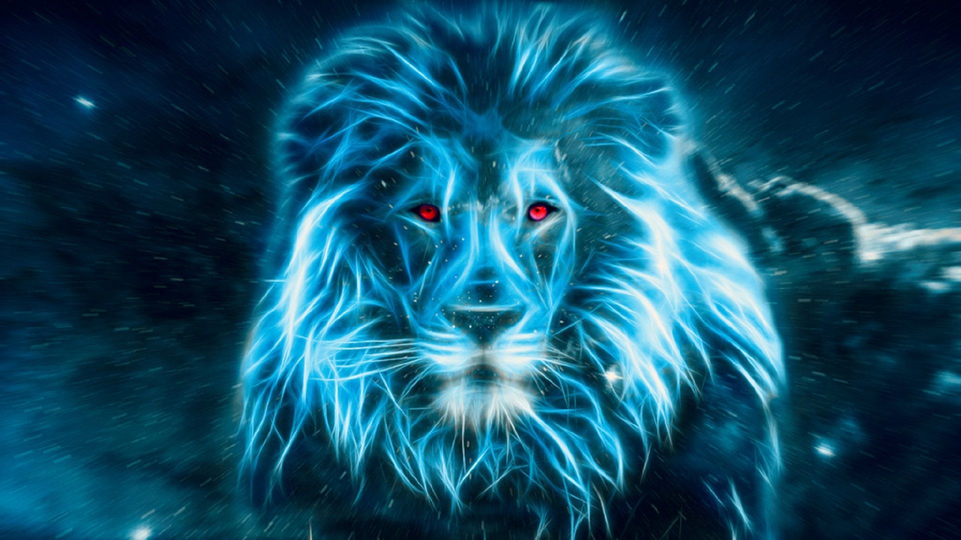 A majestic blue lion with glowing fur and piercing red eyes against a cosmic backdrop