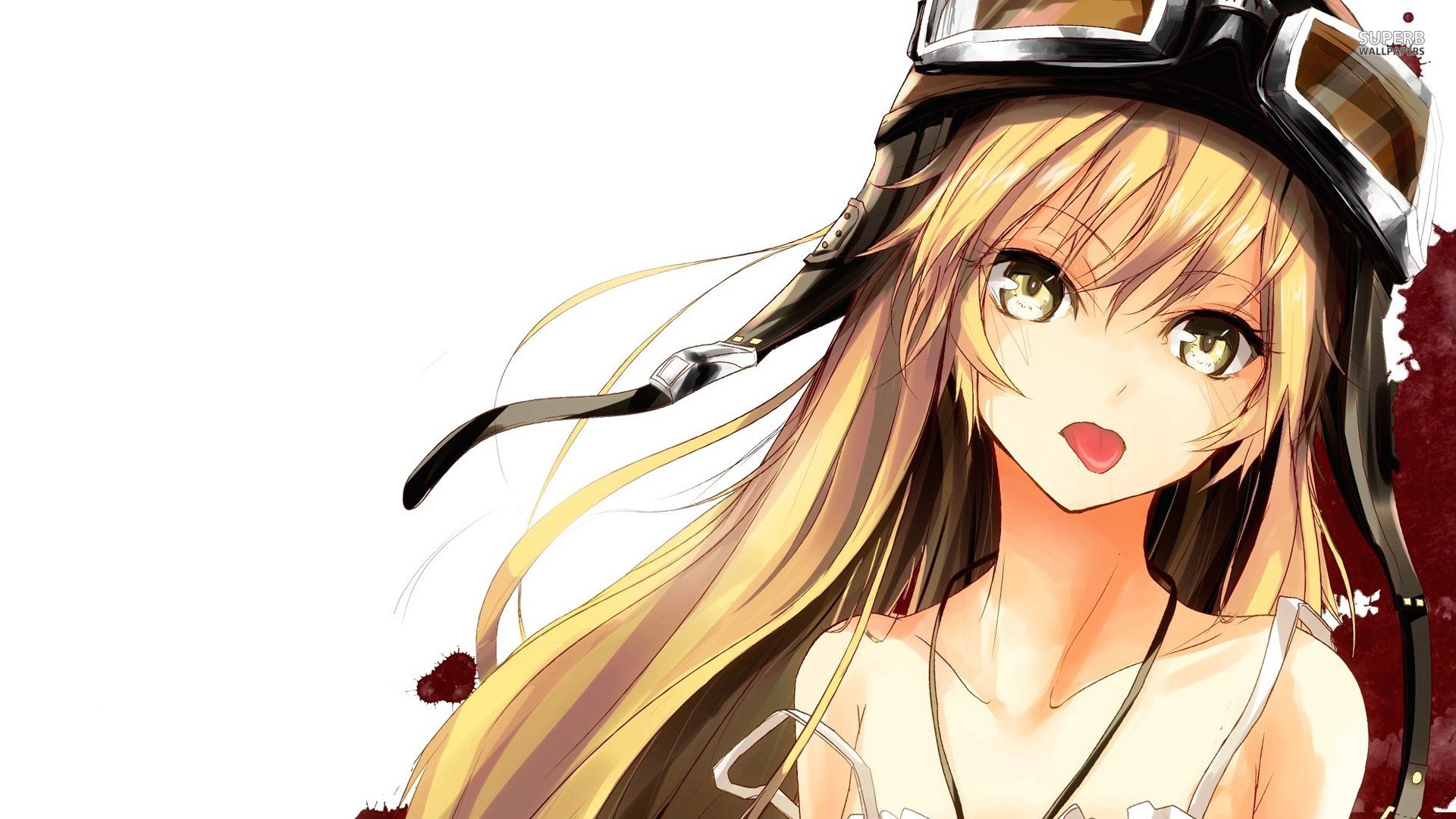 Anime girl with aviator goggles and flowing blonde hair against a white background