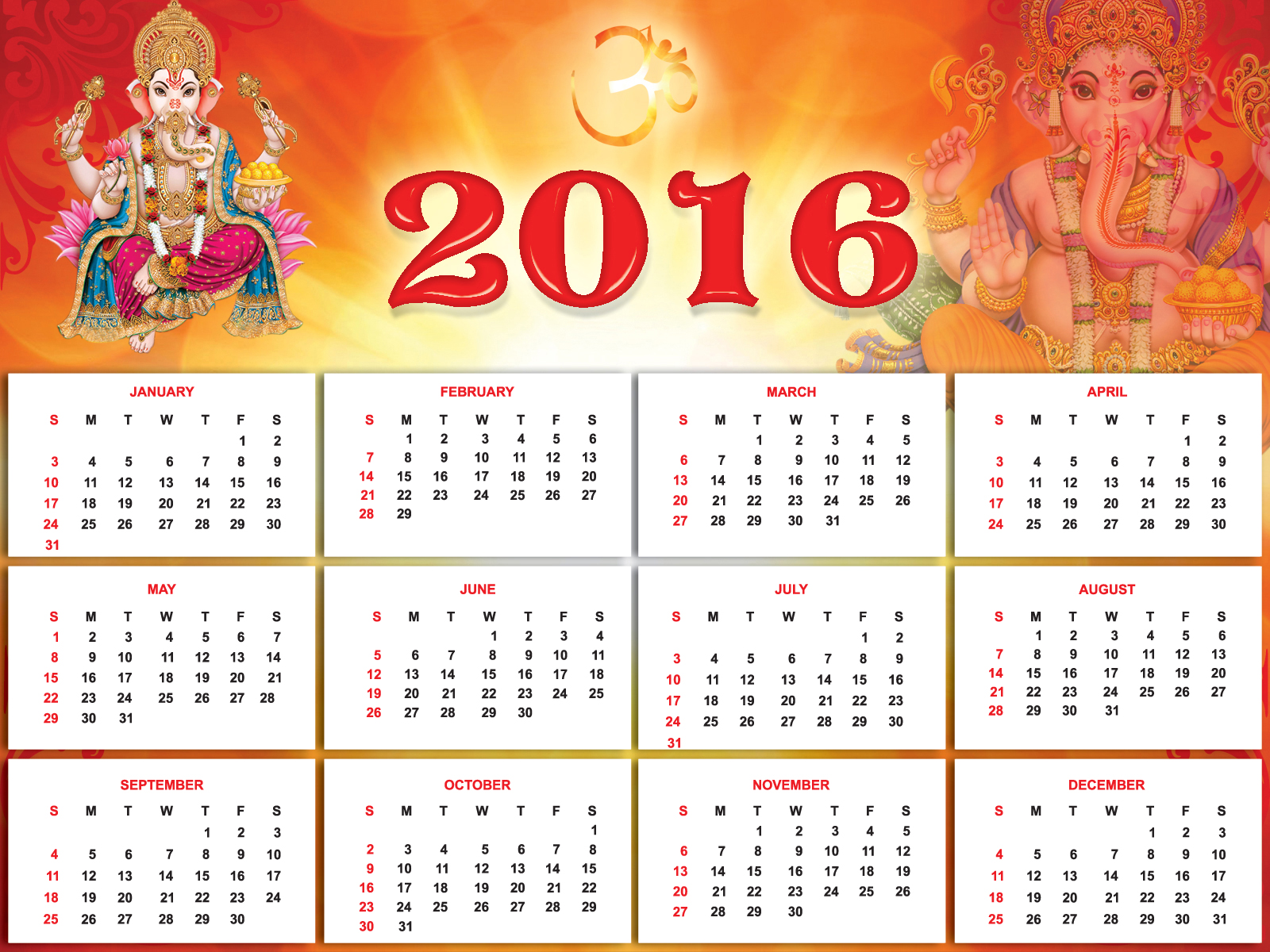 Calendar 2016 with God Ganesha Wallpaper   BhaktiSangrah