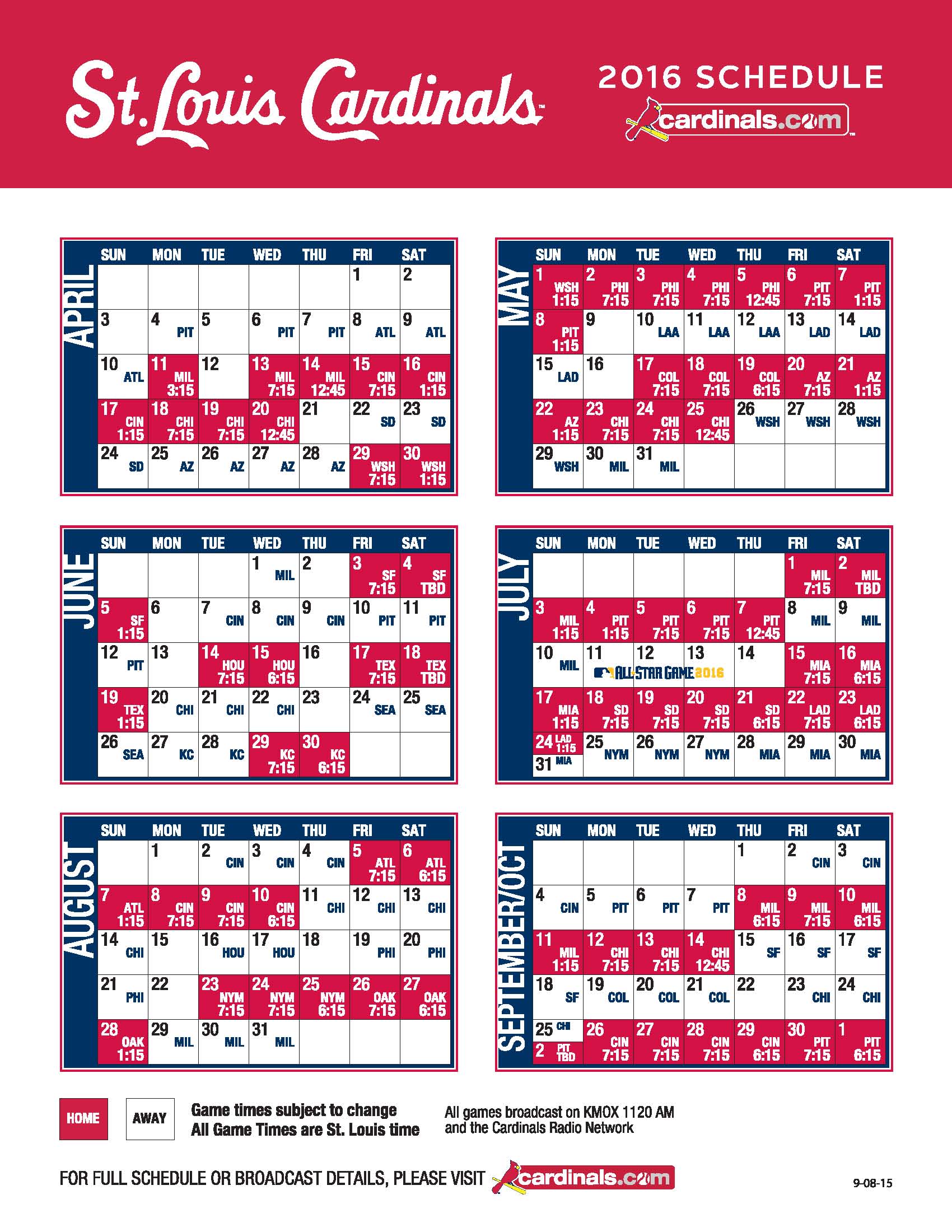 St Louis Cardinals Printable Schedule