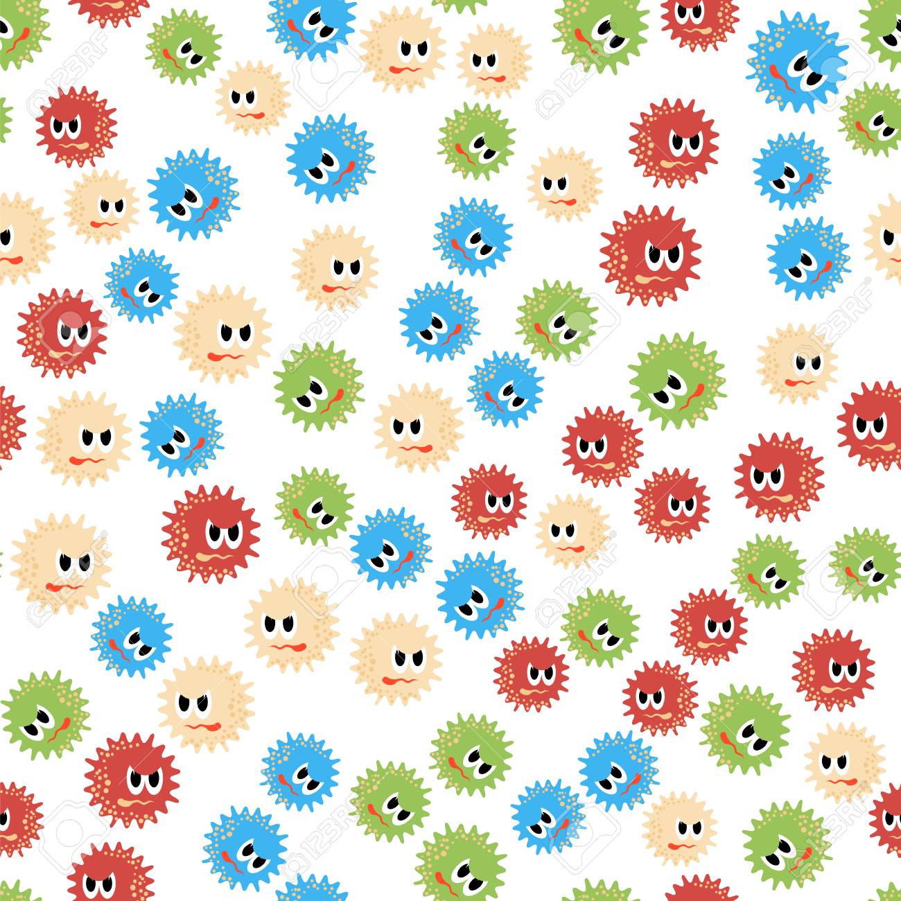 Colored Cartoon Microbes Seamless Pattern On White Background