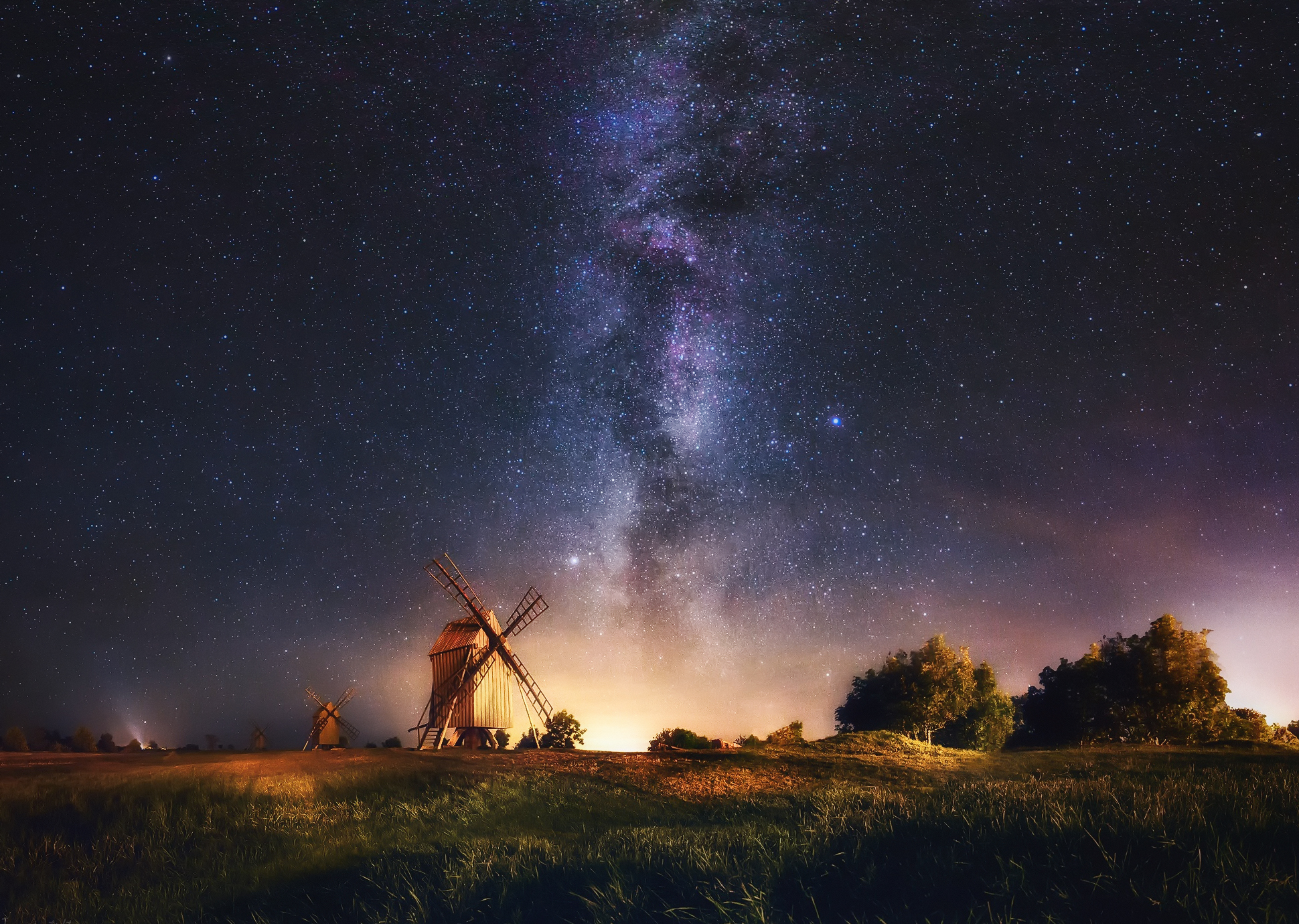 Windmills Night Sky Stars Milky Way Wallpaper Nature