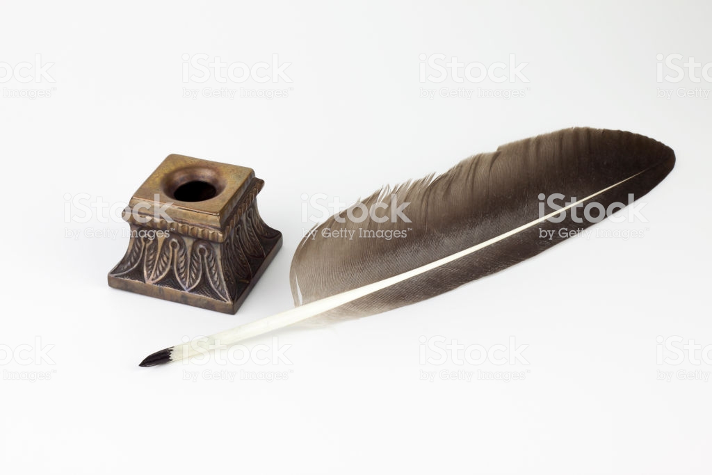 Inkwell And Old Pen Isolated Background Stock Photo
