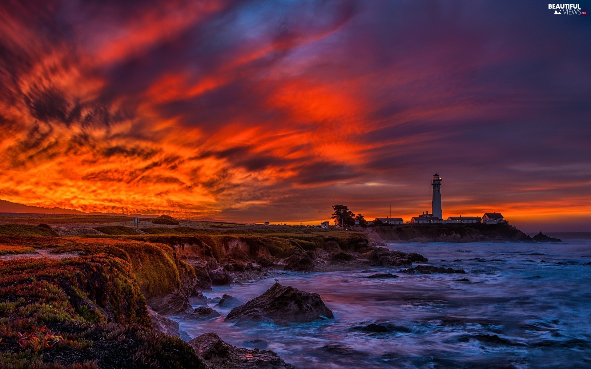 Rocks Lighthouse West Maritime Coast Clouds Sun