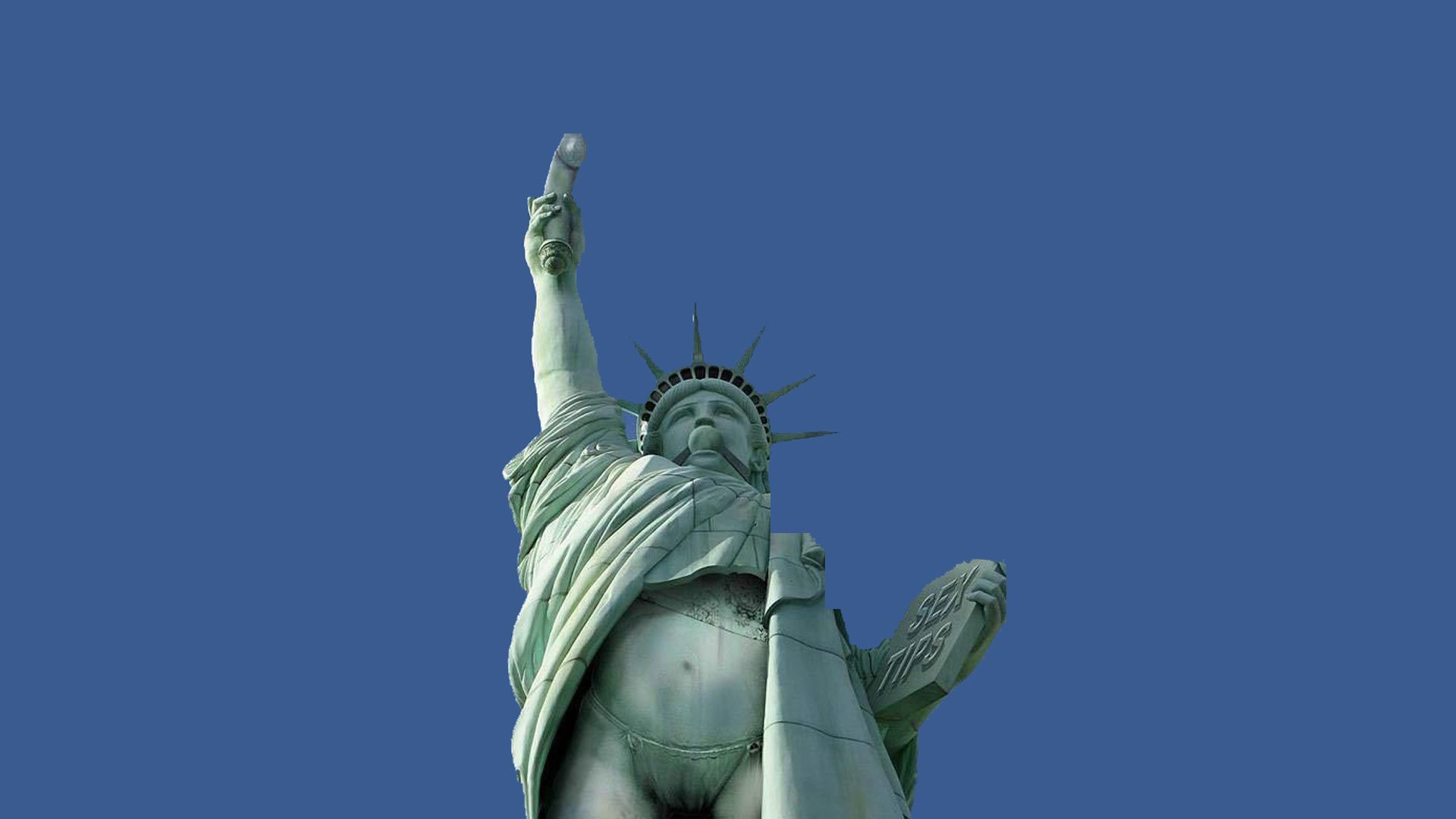 Humorous edit of the Statue of Liberty wearing lingerie, against a clear blue sky