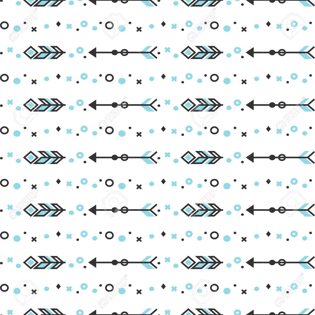Seamless Pattern With Stylized Linear Arrows And Feathers Ethnic