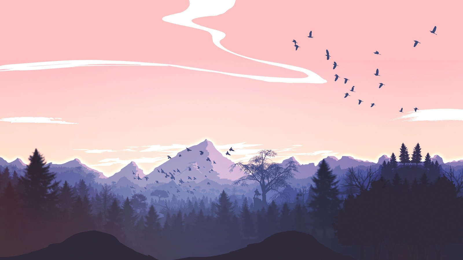 Silhouette of mountains and trees under a pink and purple sunset, with birds flying across the sky. Perfect wallpaper for computer