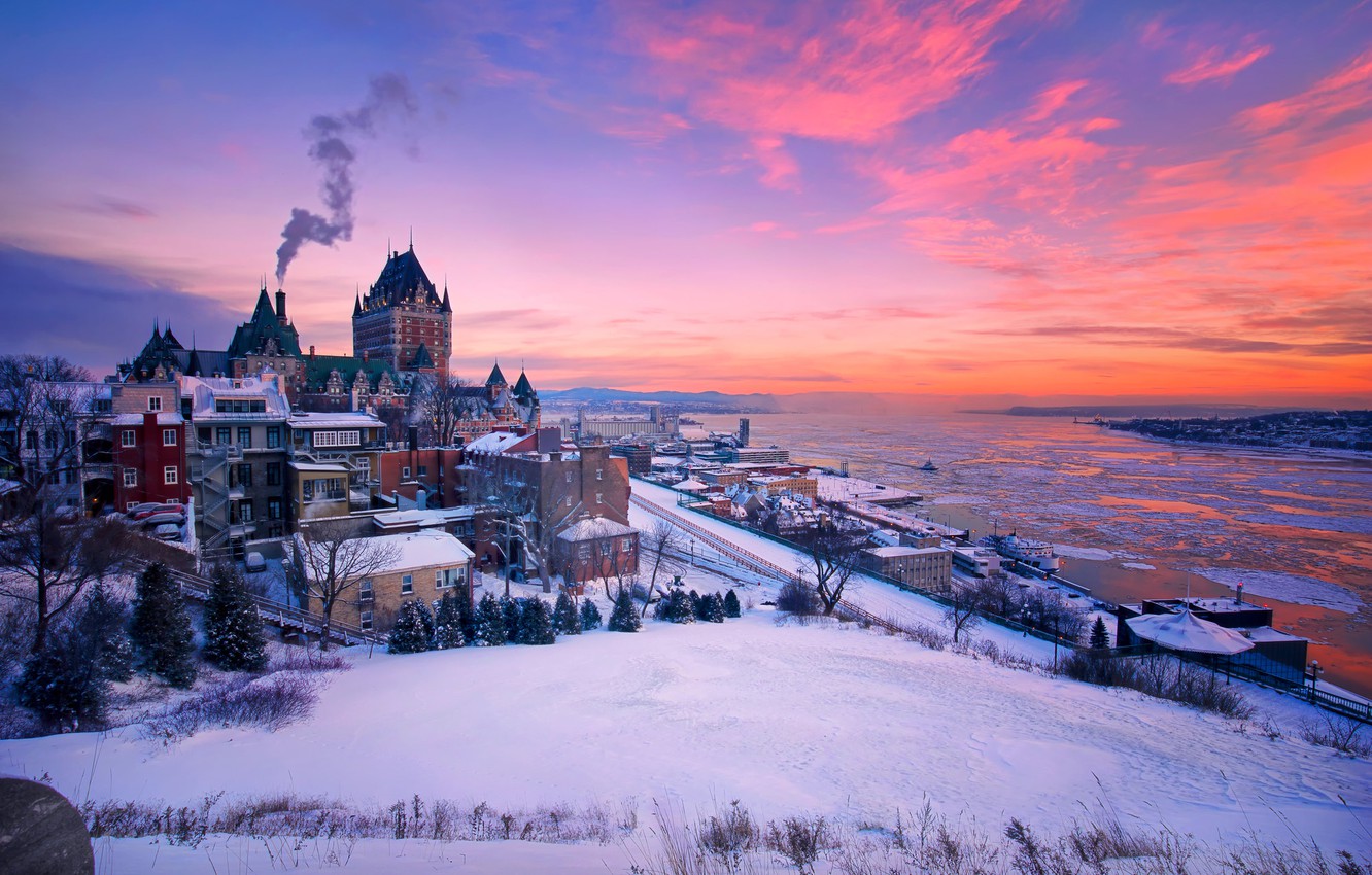 Wallpaper Winter Snow Sunset River Building Home Canada