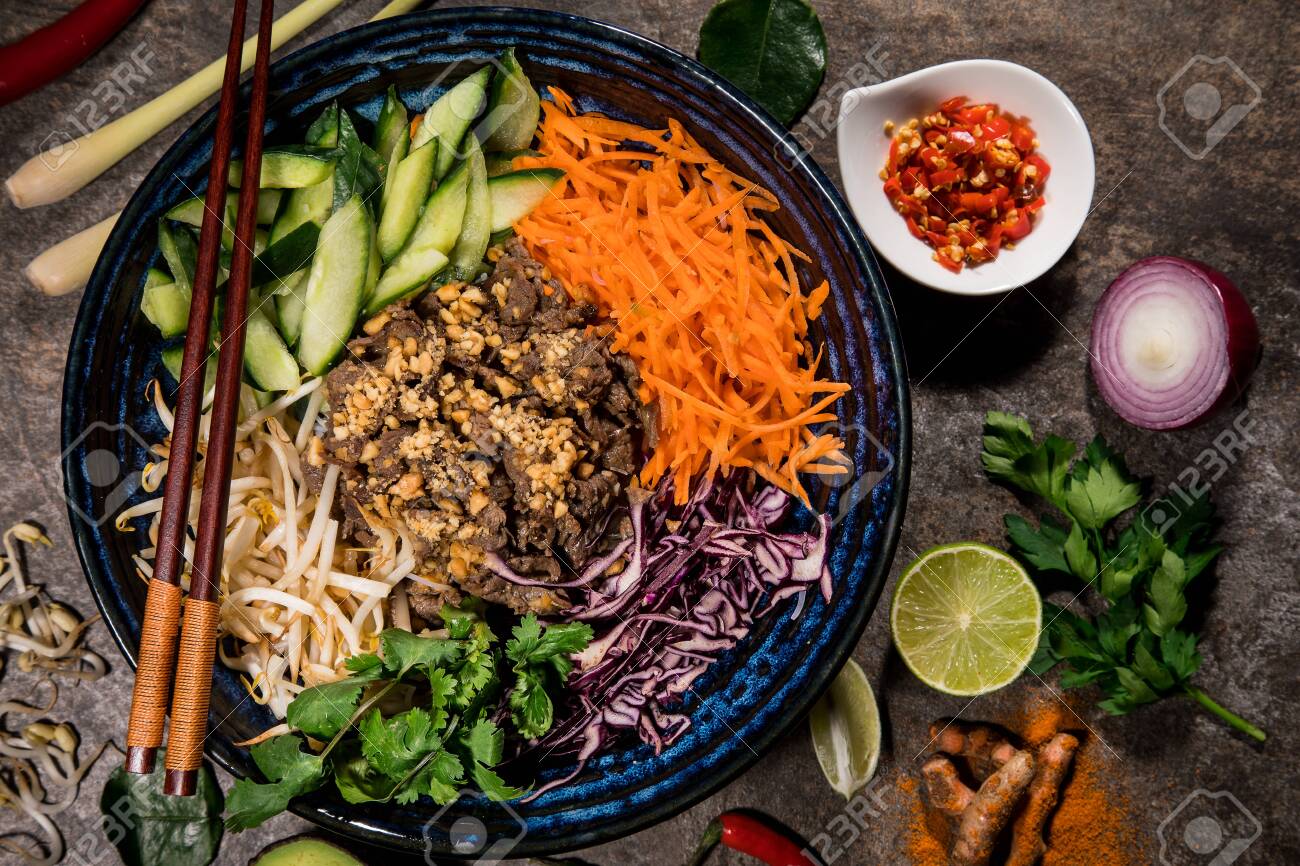 Bun Bo Nam Asian Food Background With Various Ingredients