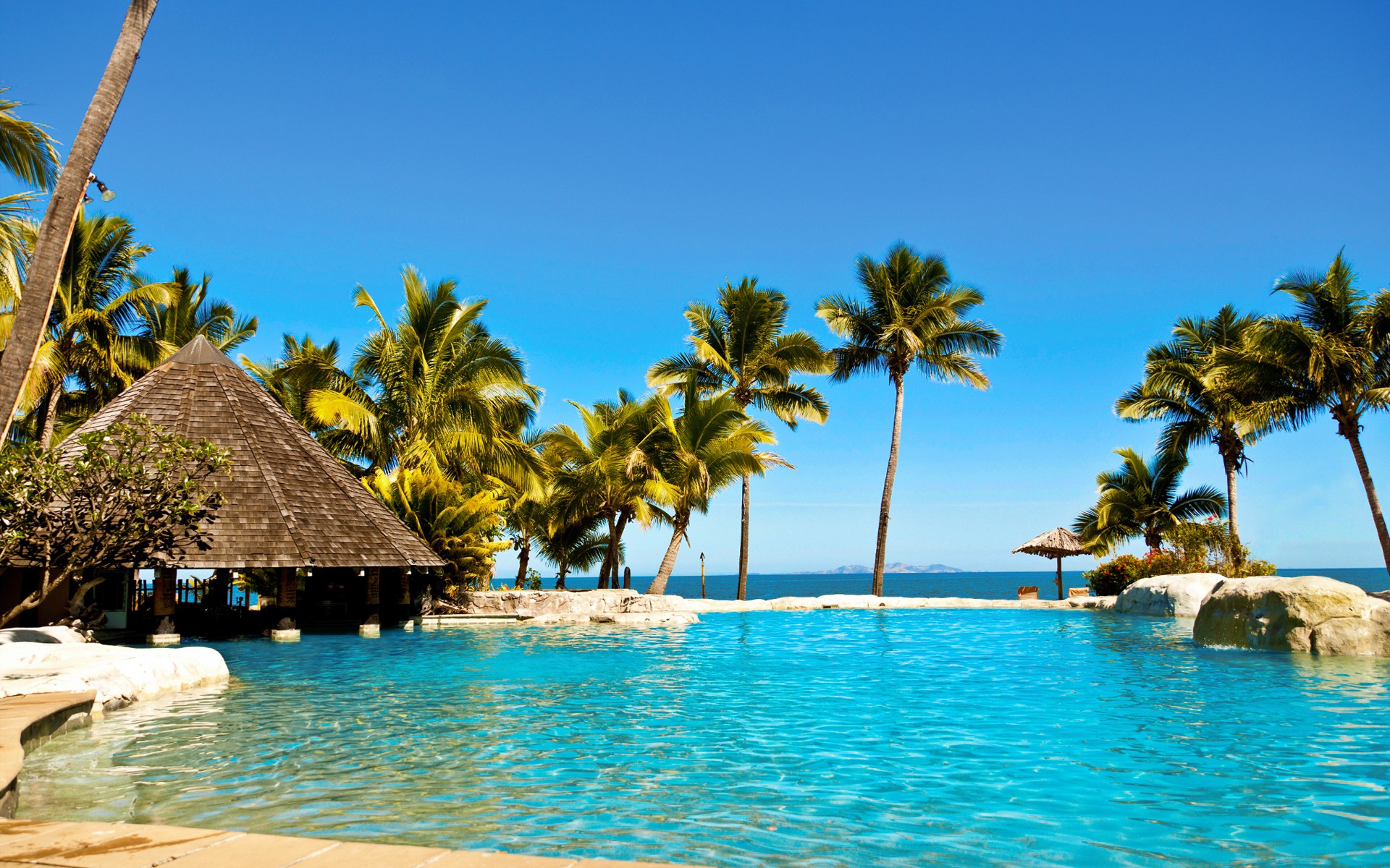 Water Ocean Sun Summer Tropical Fiji Palm Trees Huts Swimming Pools
