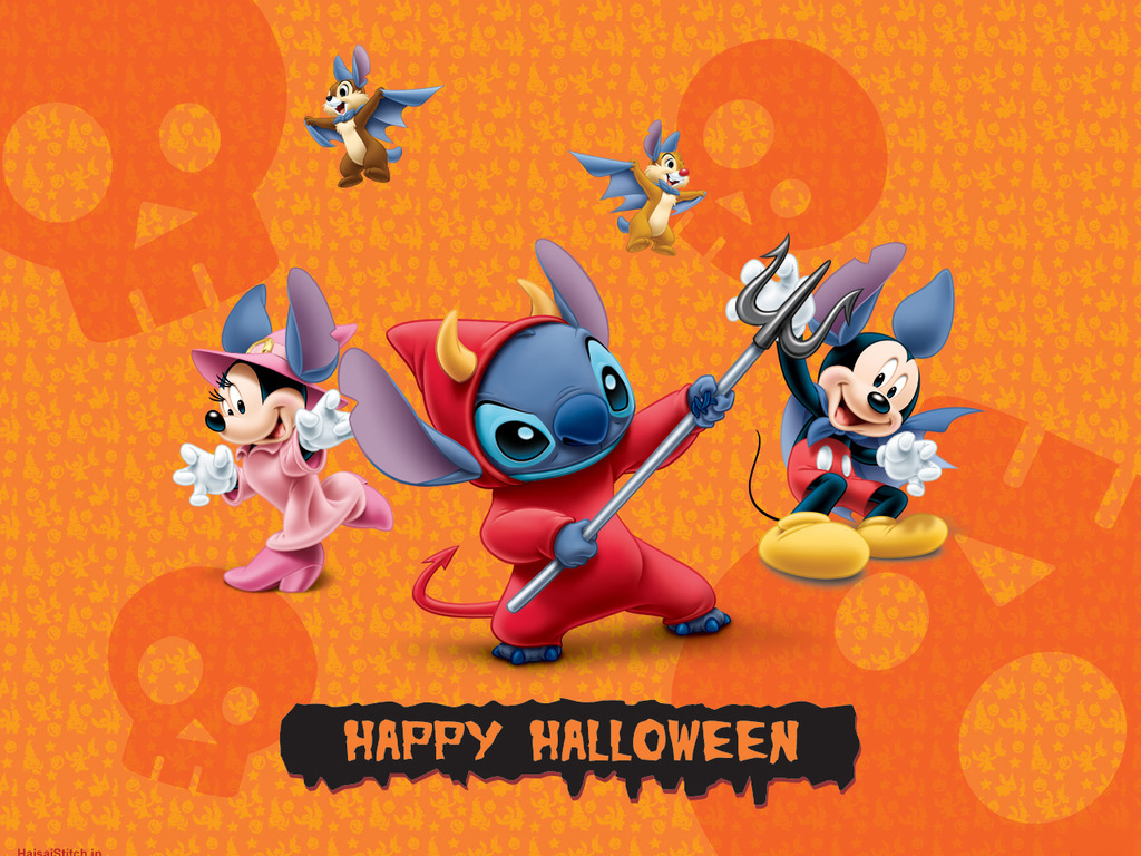 Disney characters dressed up for Halloween, including Minnie Mouse as a witch, Stitch as a devil, and Mickey Mouse as a vampire, against an orange background with skull patterns