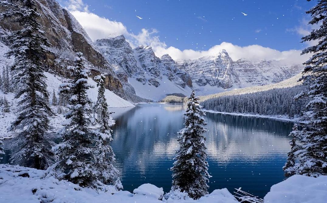 Snowy Day At The Mountain Lake Screensaver 1076x669