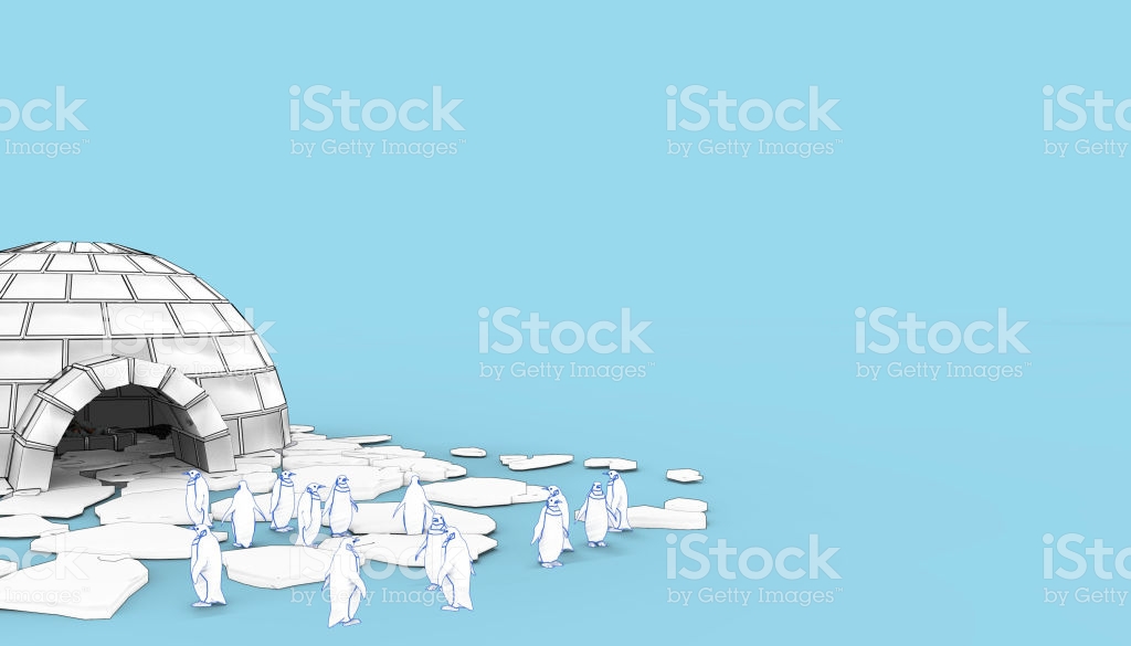 Eskimo Igloo Icehouse Snowhouse And Penguins On Blue Background