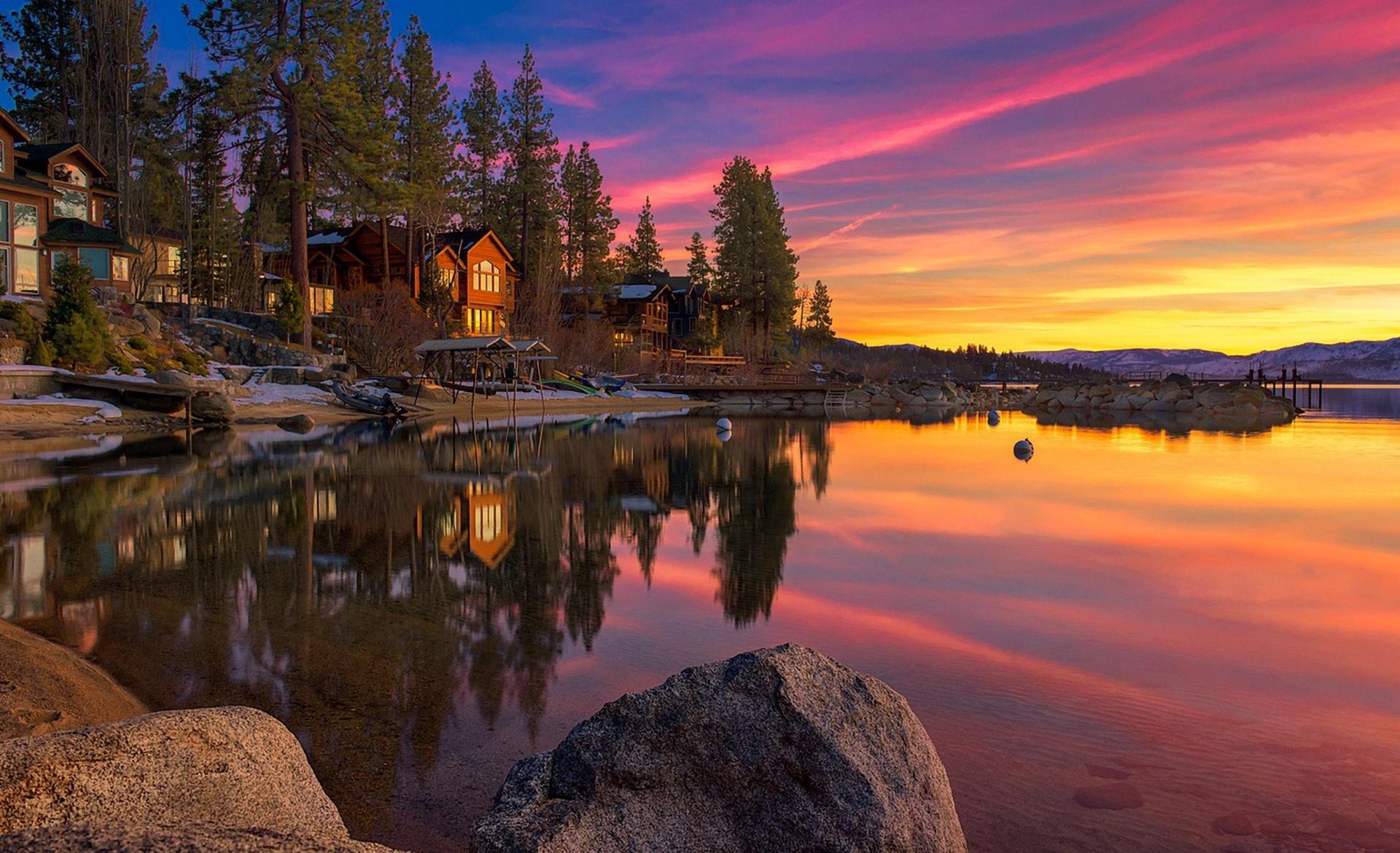 Landscape Lake House Rocks Sunset Sky Clouds Tahoe United