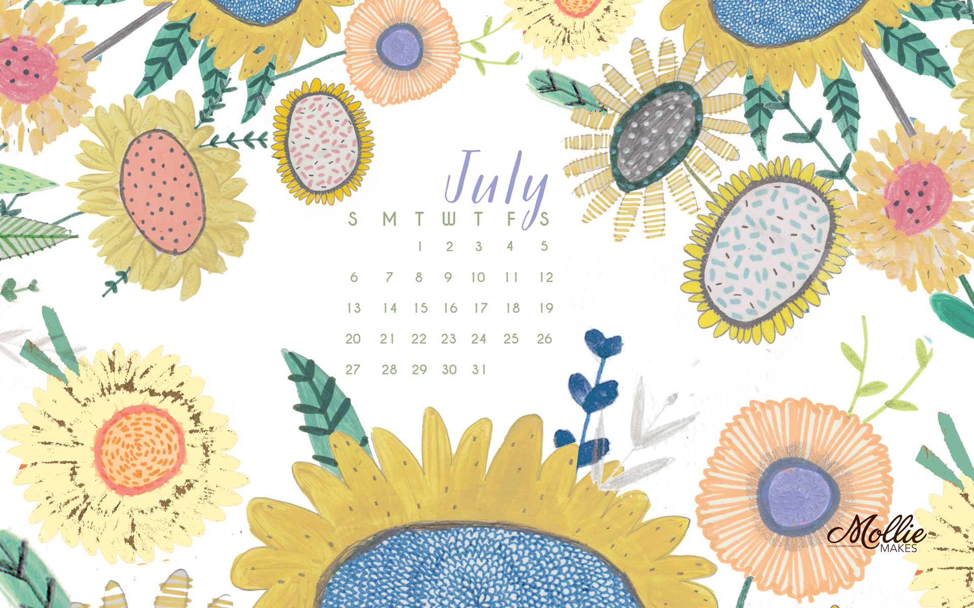 July Sunflower Desktop Calendar Wallpaper