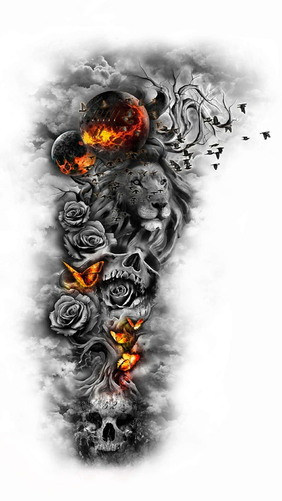 Intricate tattoo design featuring a lion, skulls, roses, butterflies, planets, and a barren tree against a backdrop of clouds and birds