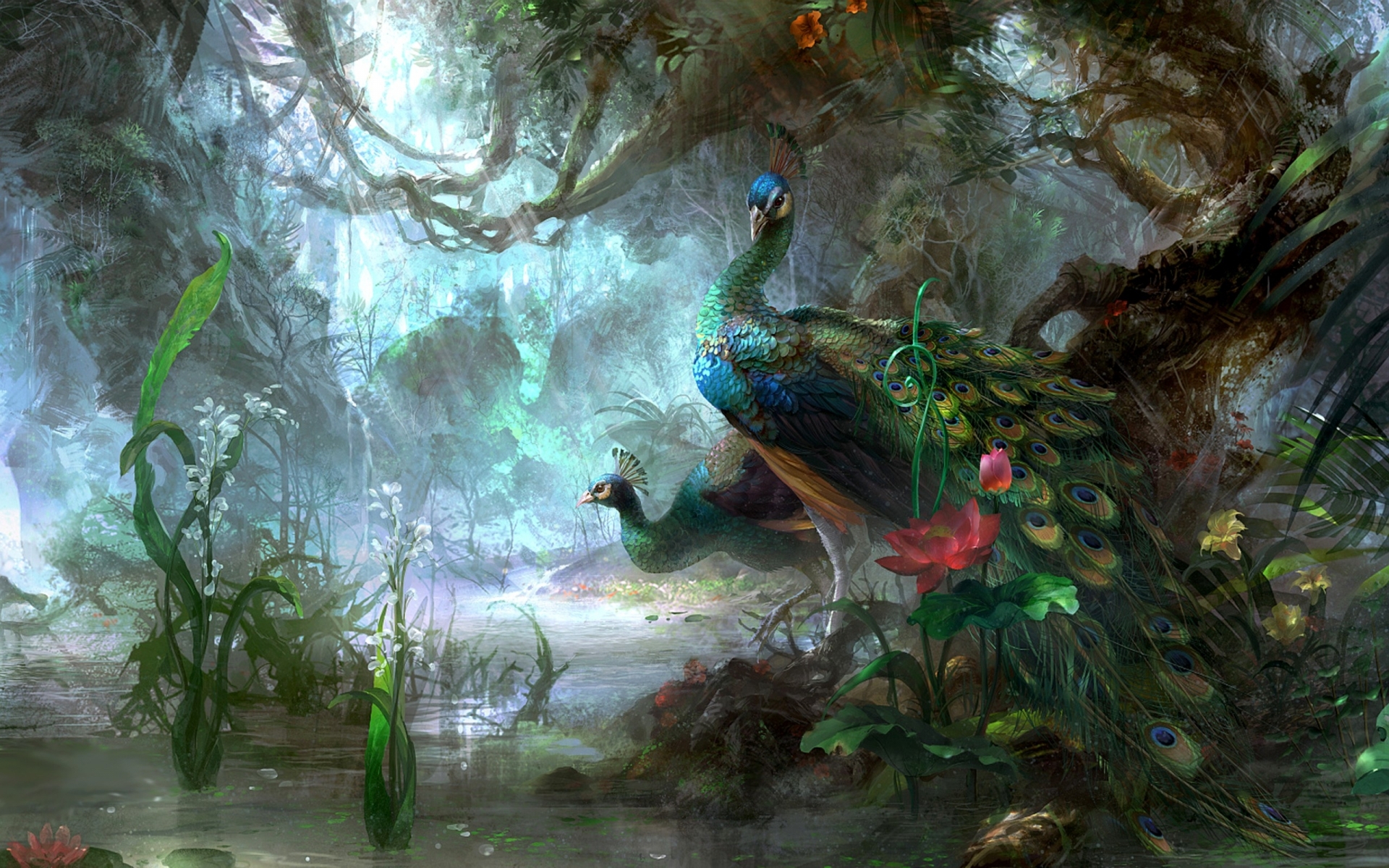  animals magical peacock jungle lake pond water moss flowers wallpaper