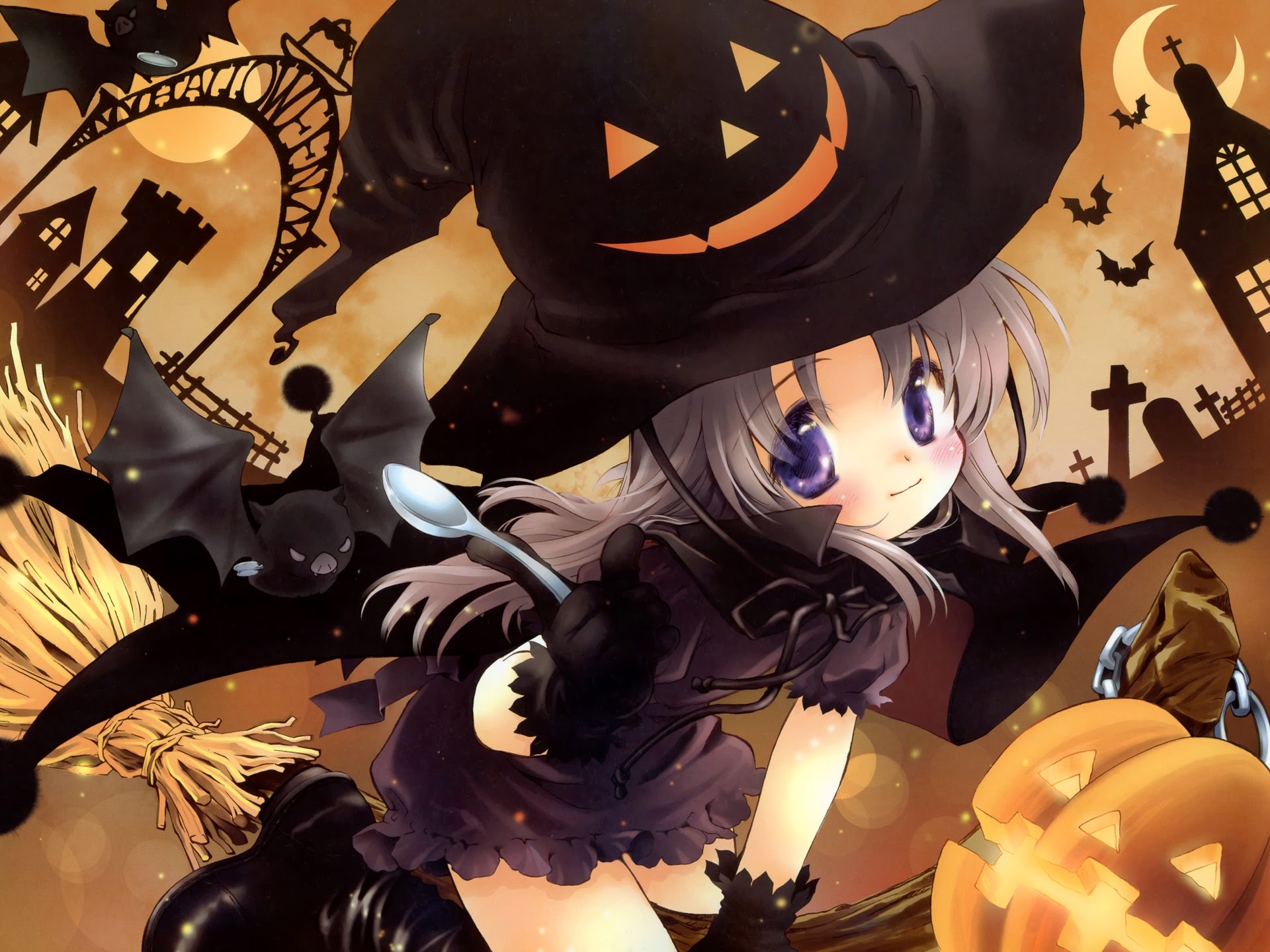 Cute Halloween Anime Witch Girl Pumpkin HD Wallpaper A1920x144 0a063