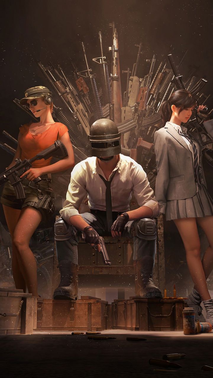 PUBG Helmet guy with girls guns throne video game 720x1280