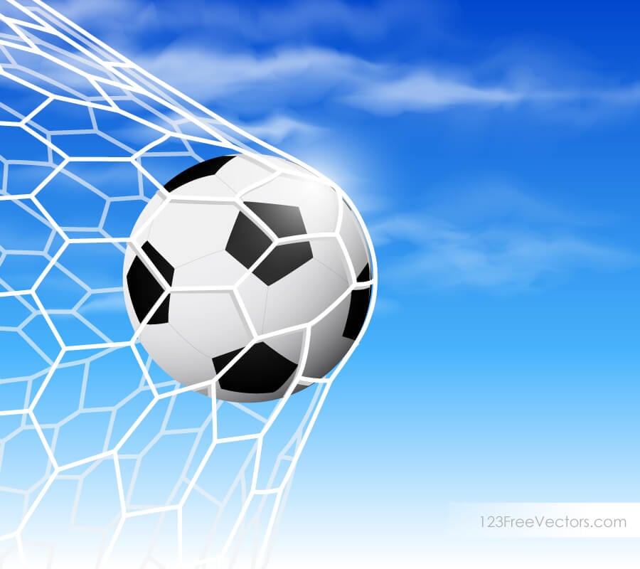 Soccer Ball in Goal Net on Blue Sky Background