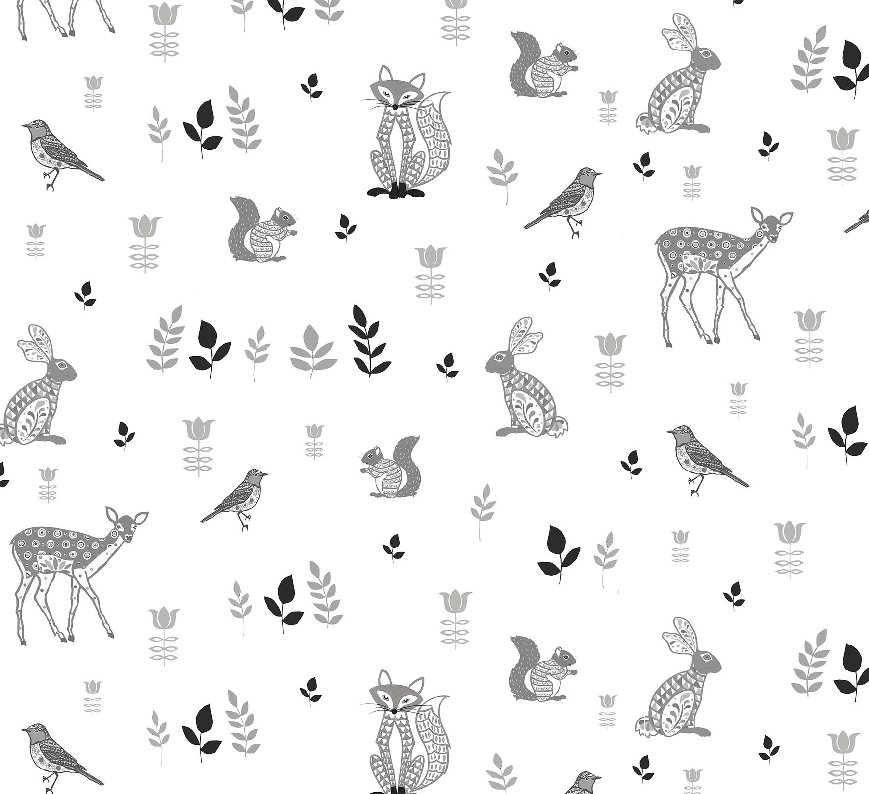 Woodland Animal Mural in grey  I Love Wallpaper