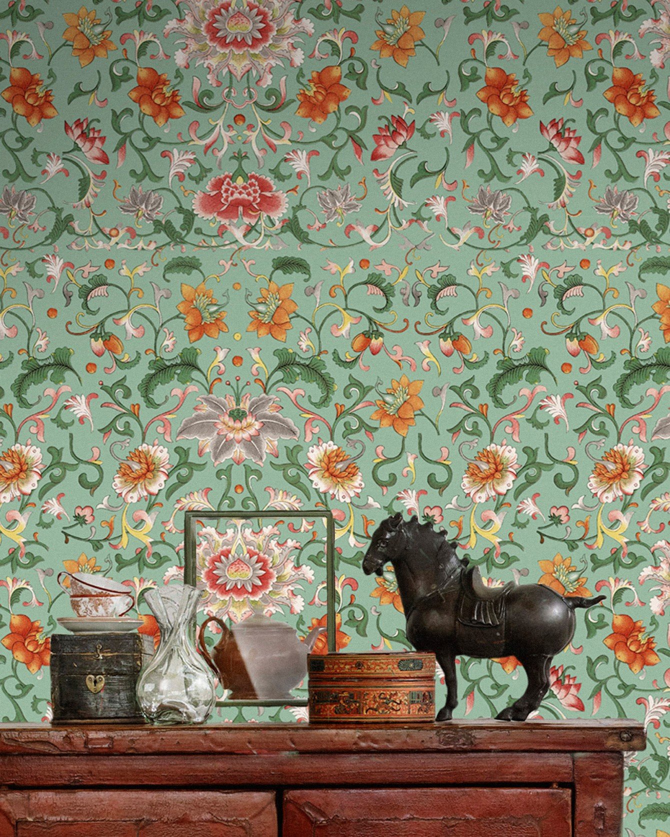 Chinese Floral Wallpaper In Green And Orange From The Eclectic