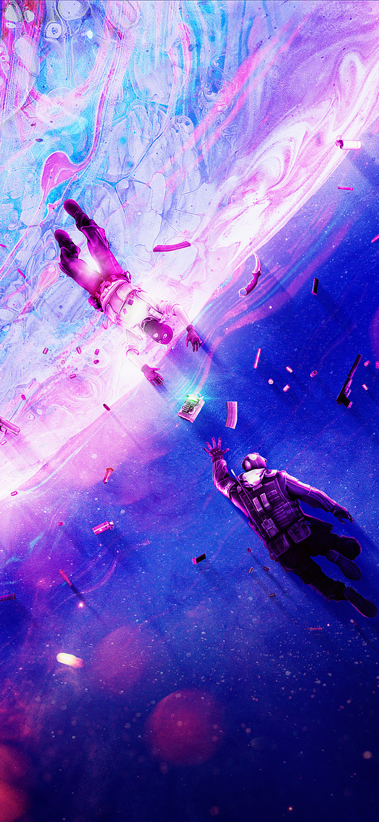 Two Counter-Strike characters falling in a cosmic, neon-lit space, surrounded by weapons and cash, in a dynamic 4k wallpaper