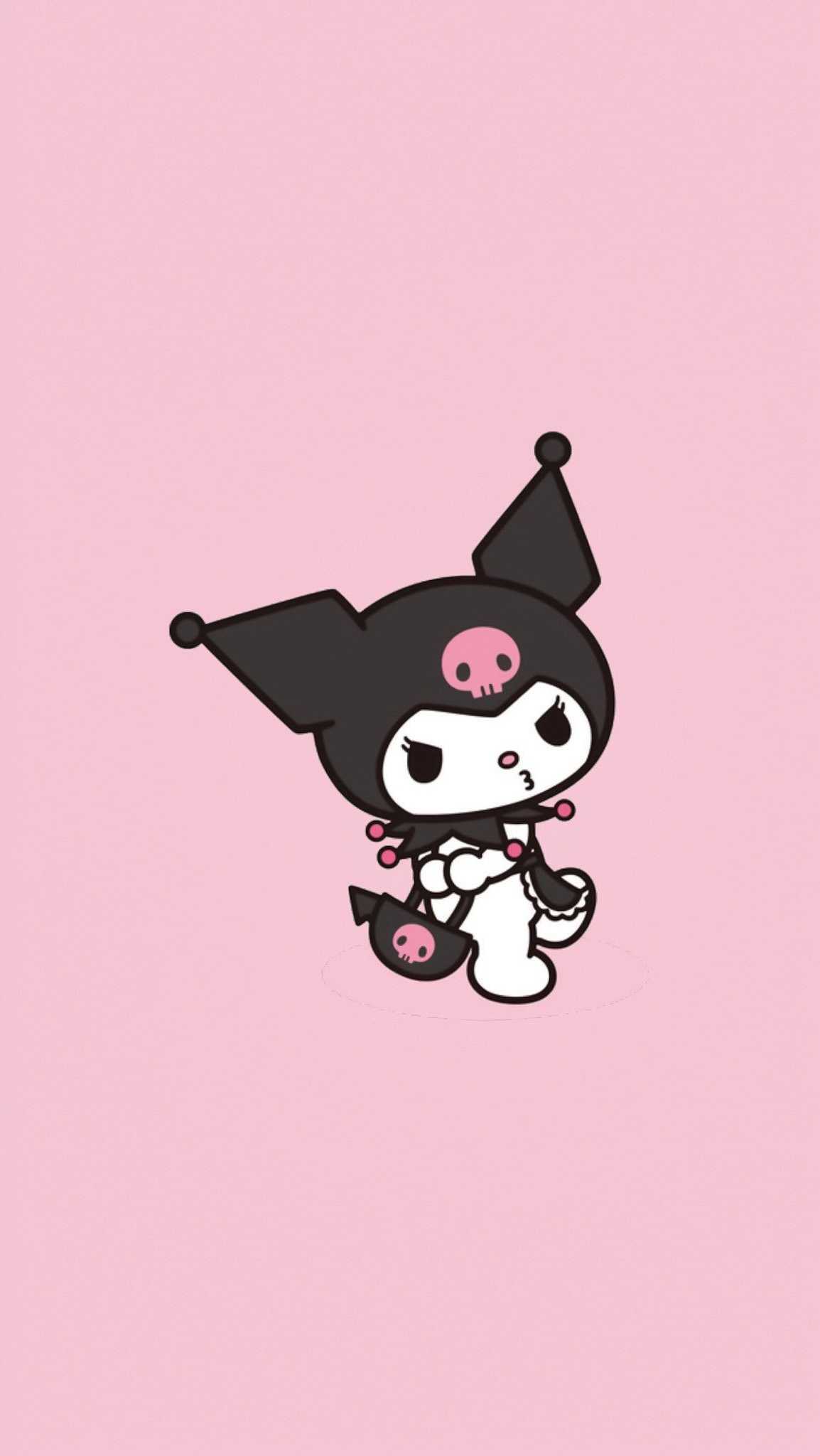 Kuromi with a pink skull on her head and a pink skull-shaped bag on a pink background