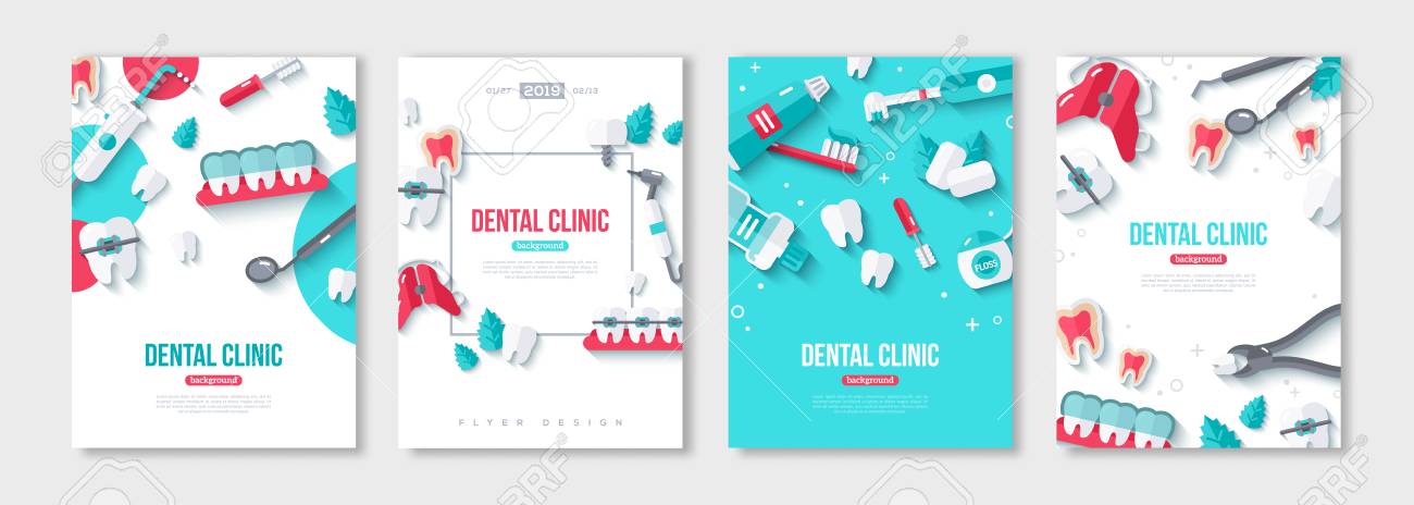 Dentistry Posters Set With Flat Icons On Blue And White Background